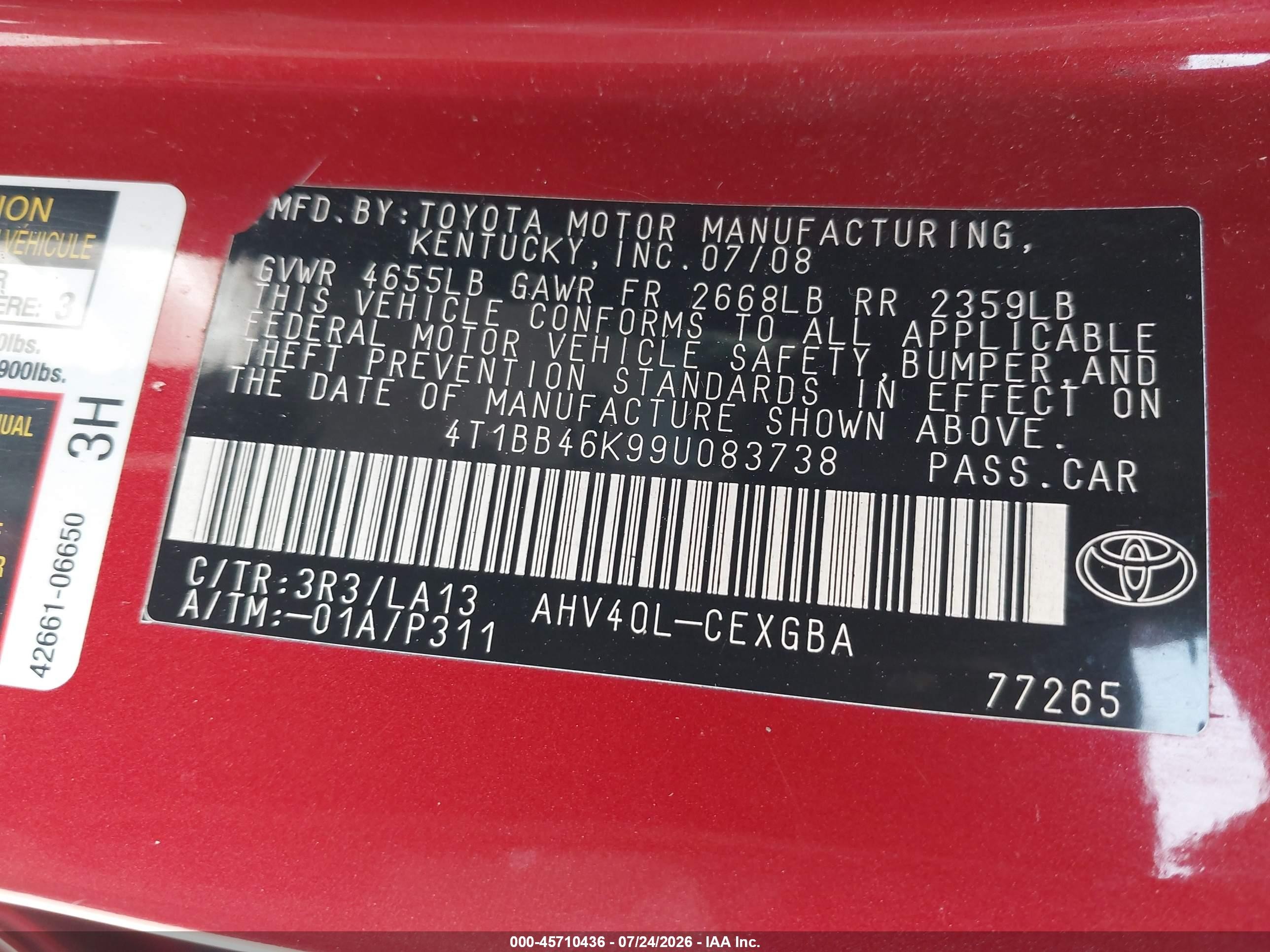 2009 Toyota Camry Hybrid Red vin: 4T1BB46K99U083738
