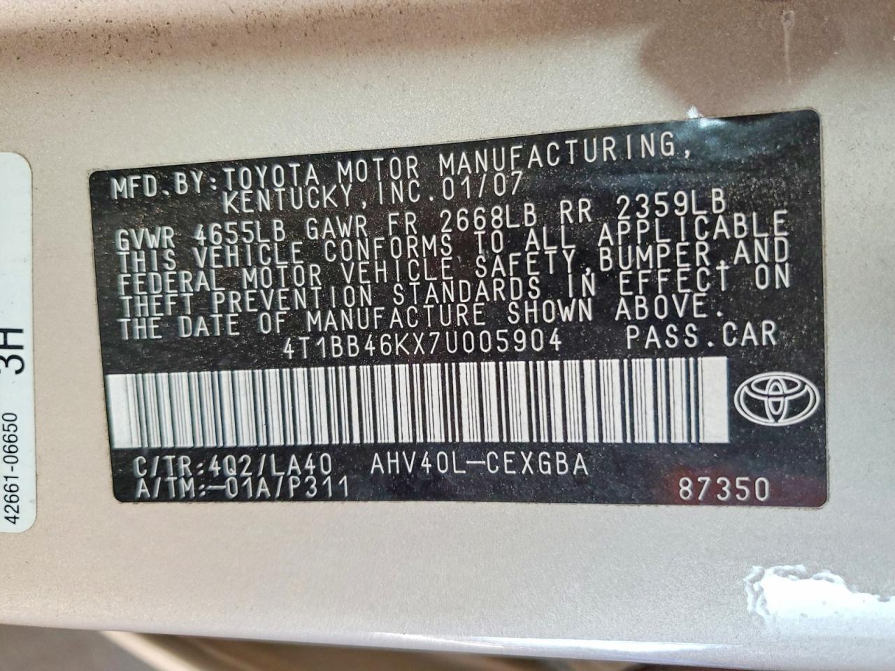 2007 Toyota Camry Hybrid Gold vin: 4T1BB46KX7U005904