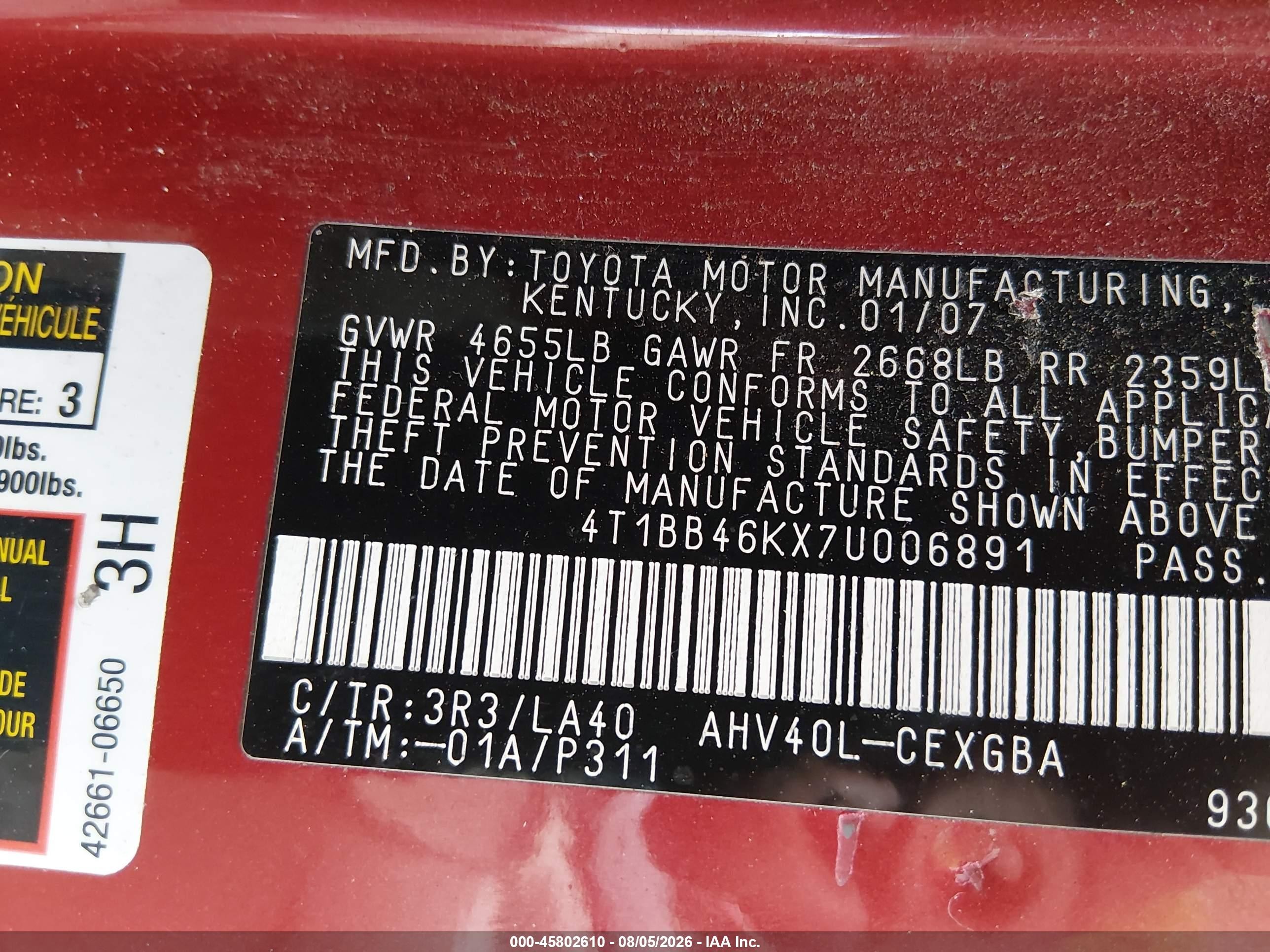 2007 Toyota Camry Hybrid Red vin: 4T1BB46KX7U006891