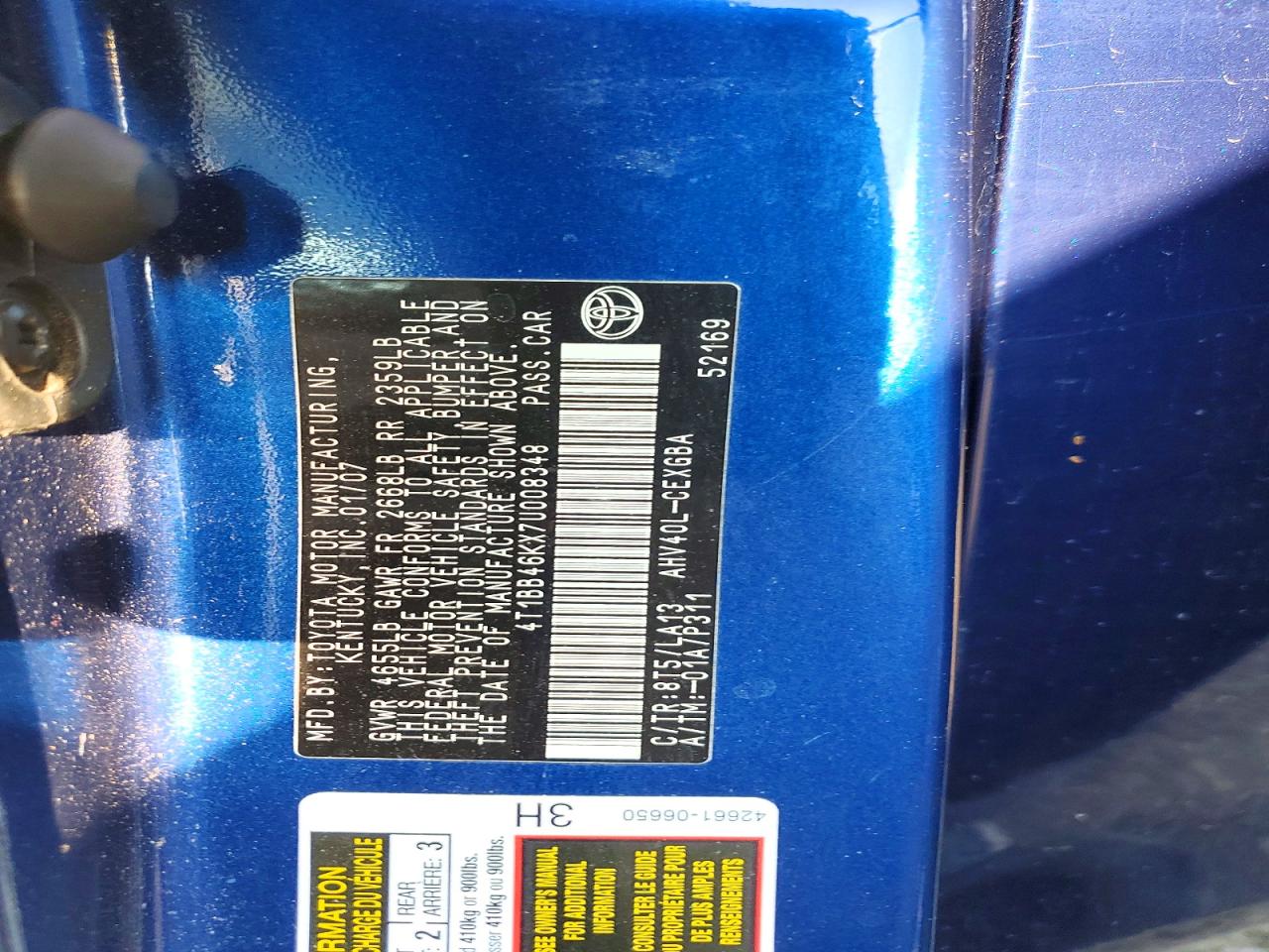 2007 Toyota Camry Hybrid Blue vin: 4T1BB46KX7U008348