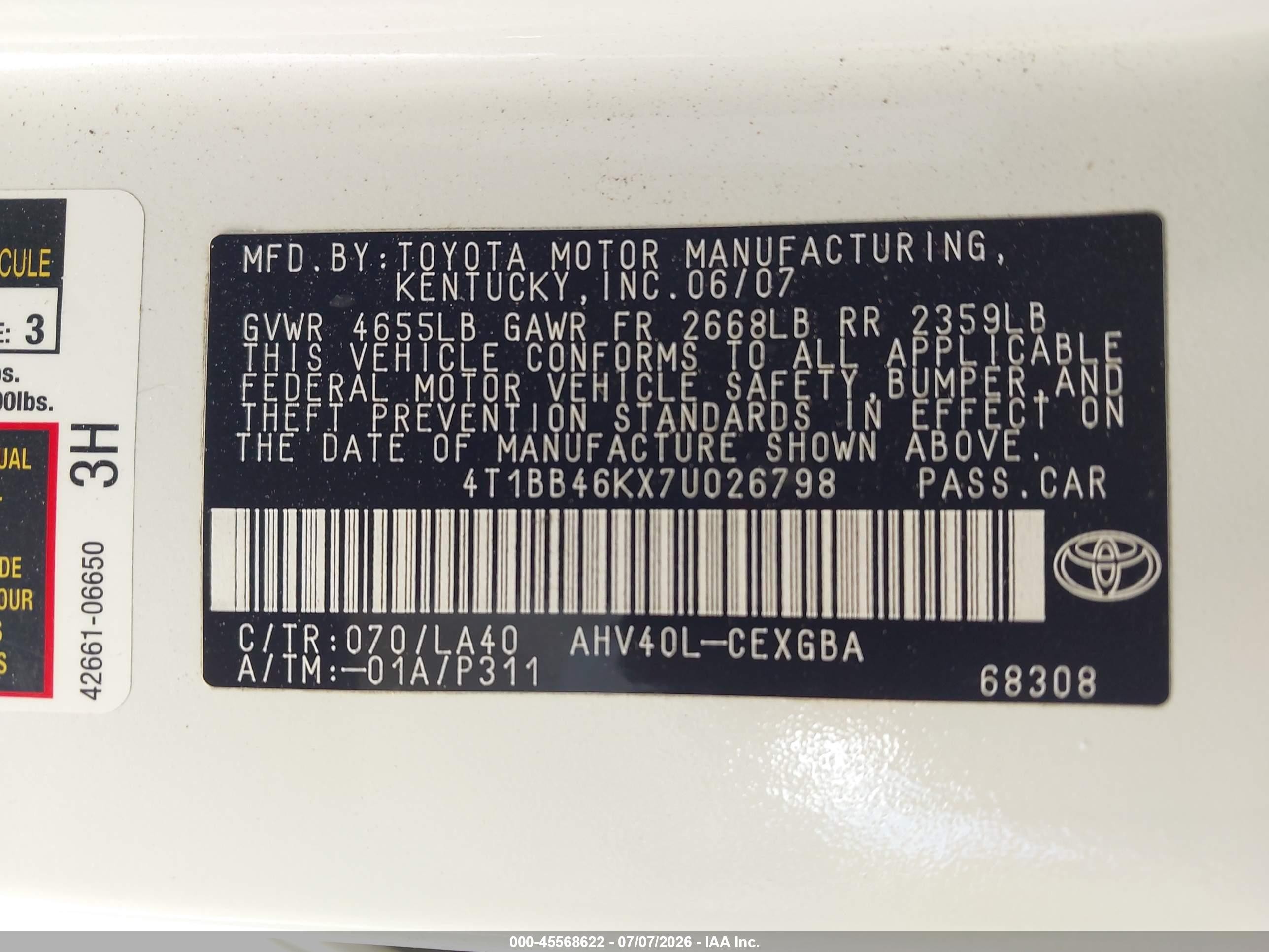 2007 Toyota Camry Hybrid   White vin: 4T1BB46KX7U026798