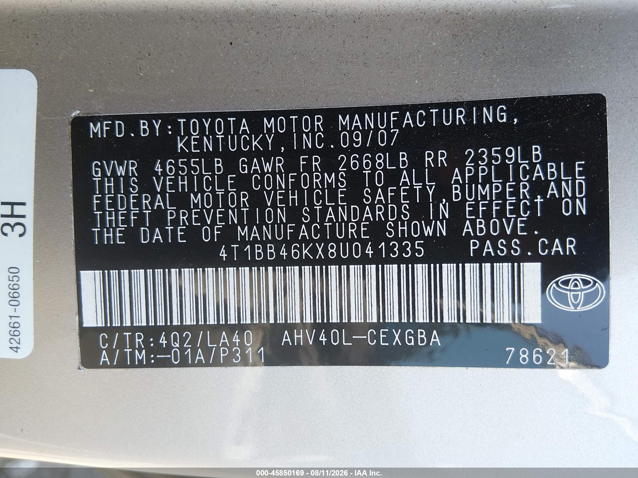 2008 Toyota Camry Hybrid   Champagne vin: 4T1BB46KX8U041335