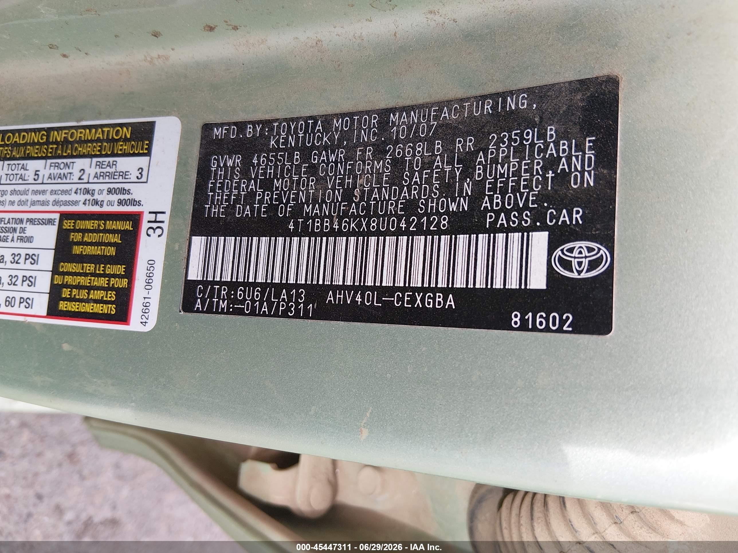 2008 Toyota Camry Hybrid   Green vin: 4T1BB46KX8U042128