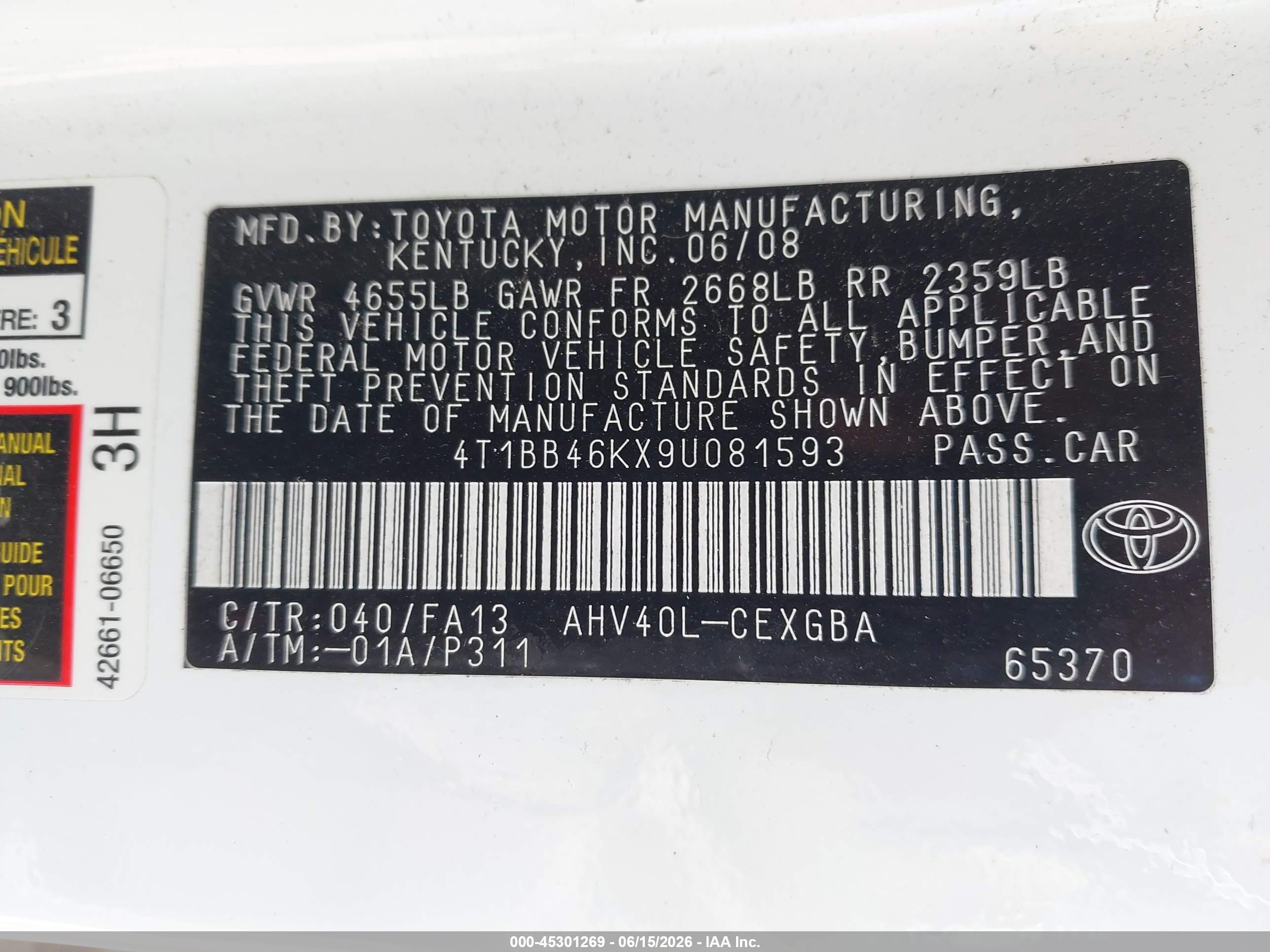 2009 Toyota Camry Hybrid   White vin: 4T1BB46KX9U081593