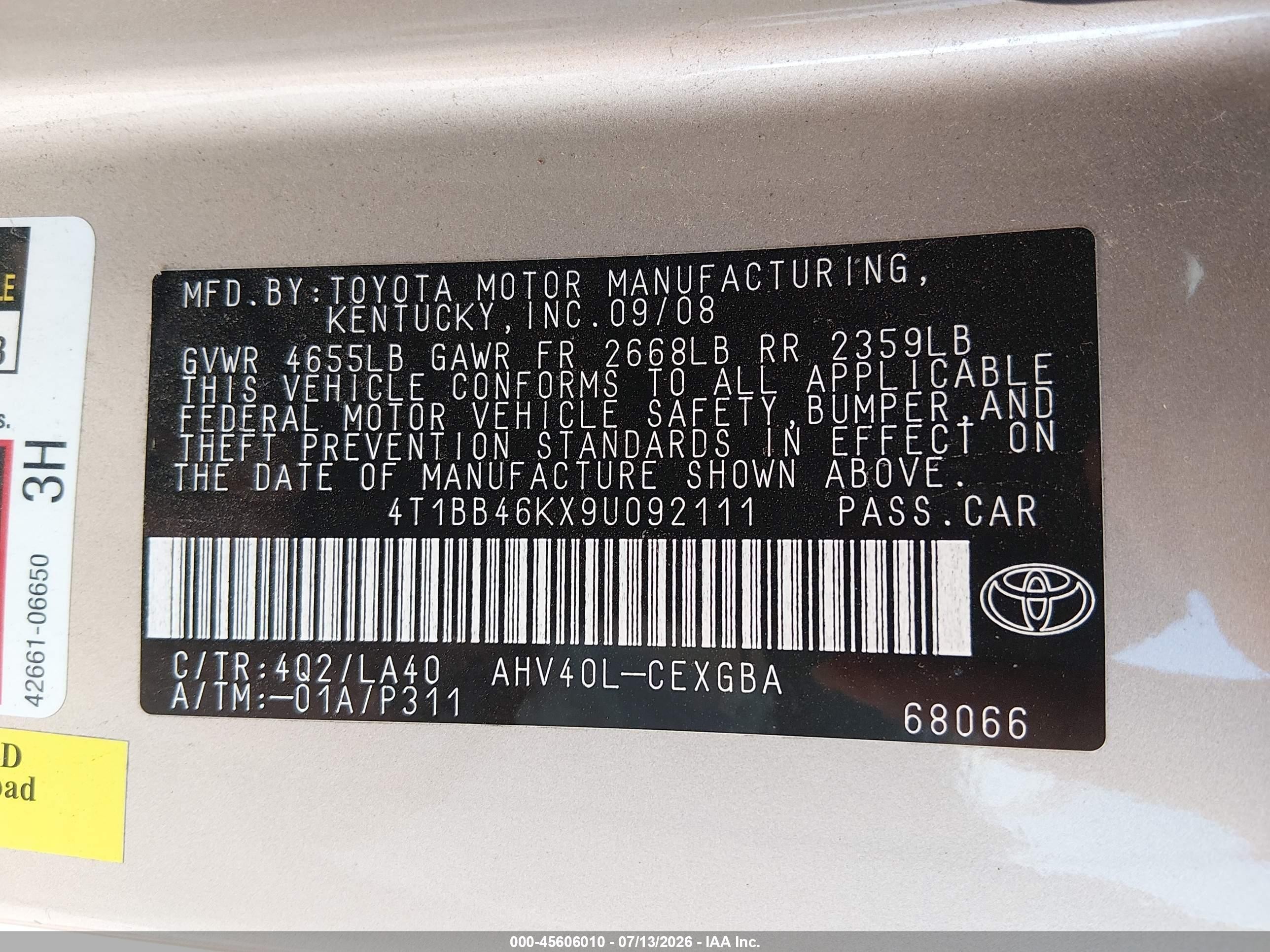 2009 Toyota Camry Hybrid   Champagne vin: 4T1BB46KX9U092111