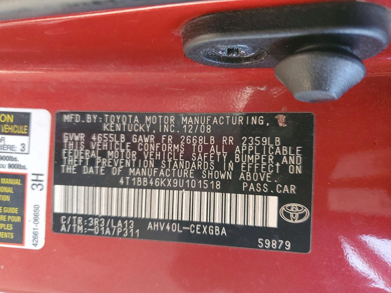 2009 Toyota Camry Hybrid Red vin: 4T1BB46KX9U101518