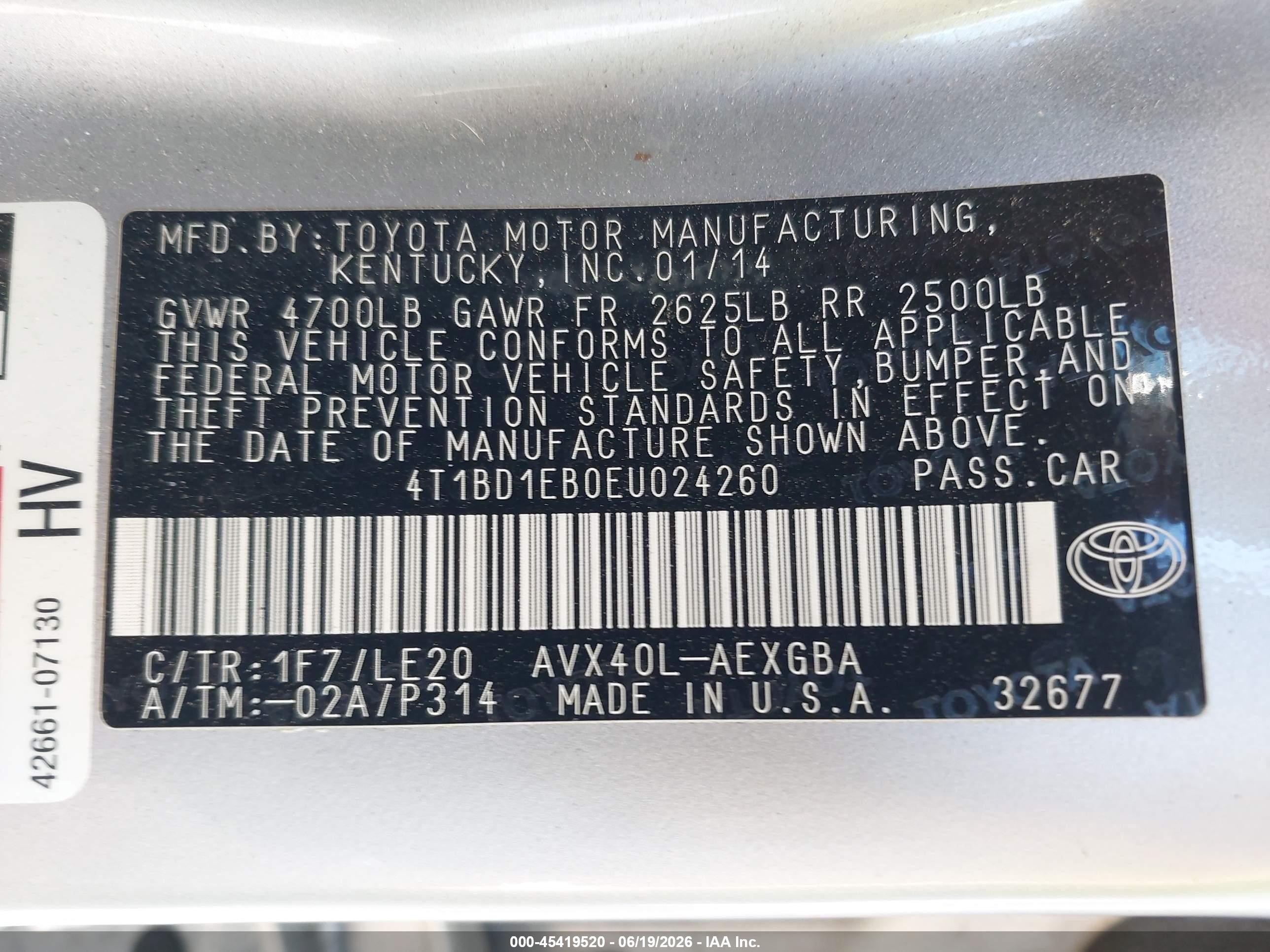 2014 Toyota Avalon Hybrid Xle Touring Gray vin: 4T1BD1EB0EU024260