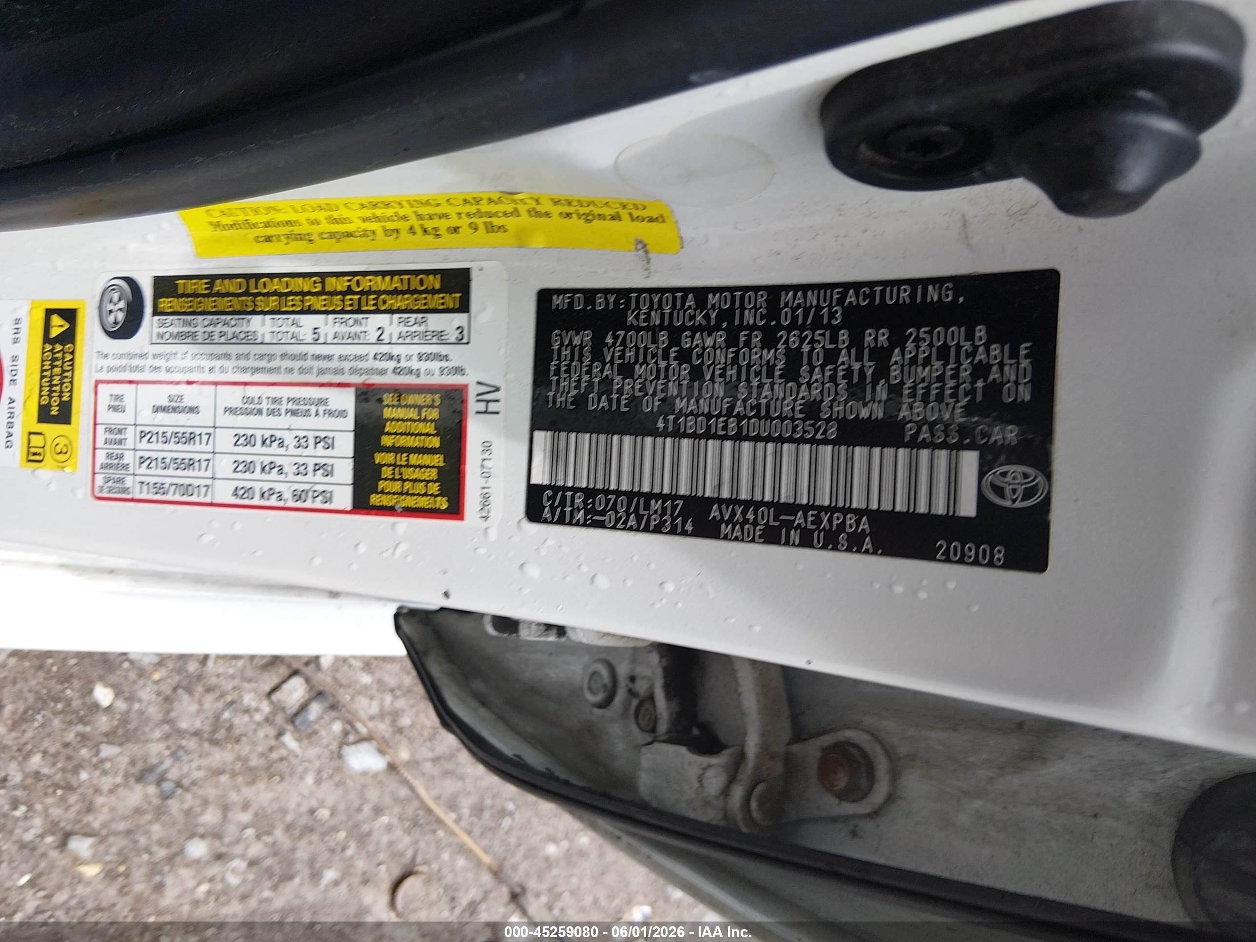 2013 Toyota Avalon Hybrid Limited White vin: 4T1BD1EB1DU003528