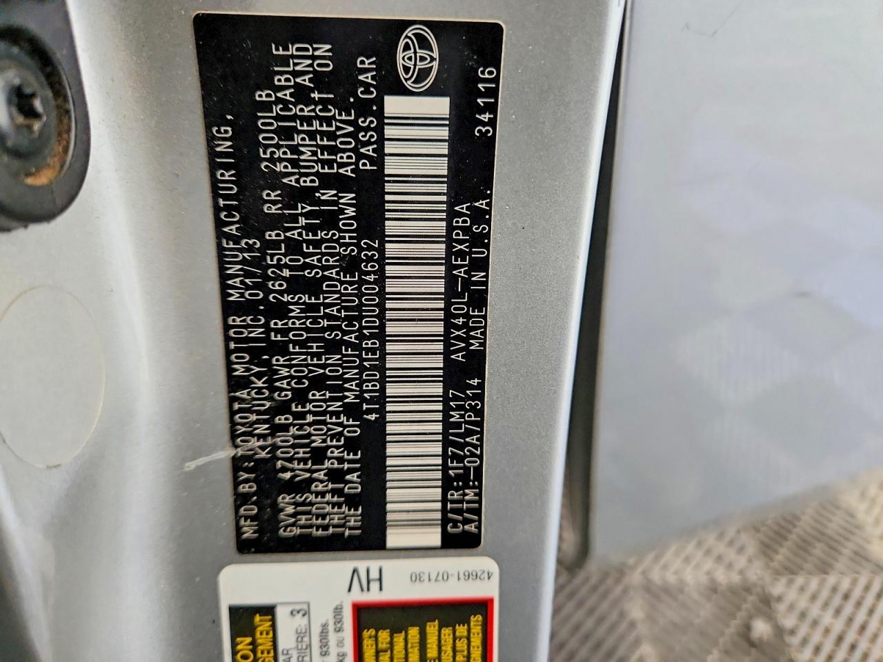 2013 Toyota Avalon Hybrid Limited Silver vin: 4T1BD1EB1DU004632