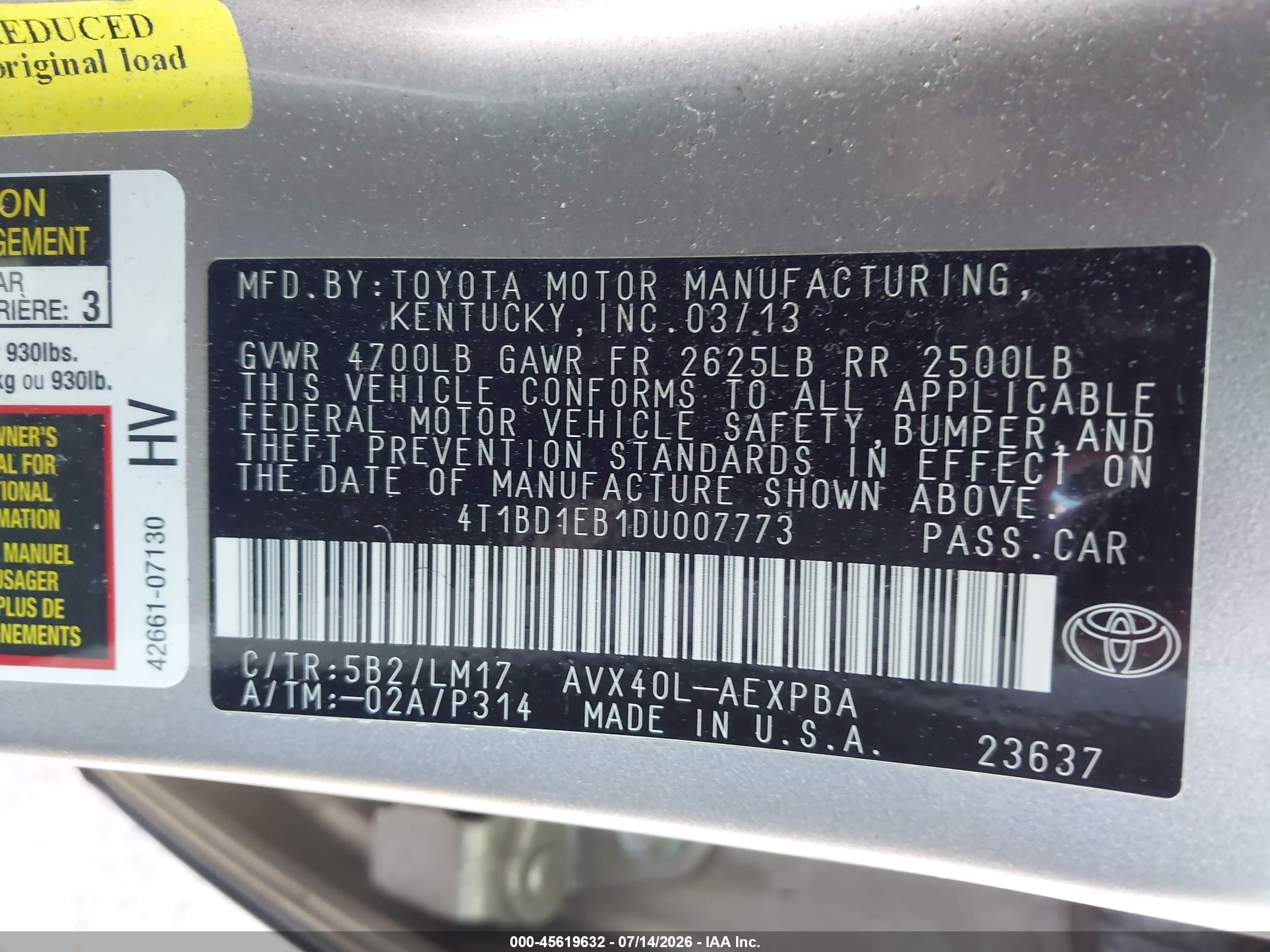 2013 Toyota Avalon Hybrid Limited Gray vin: 4T1BD1EB1DU007773