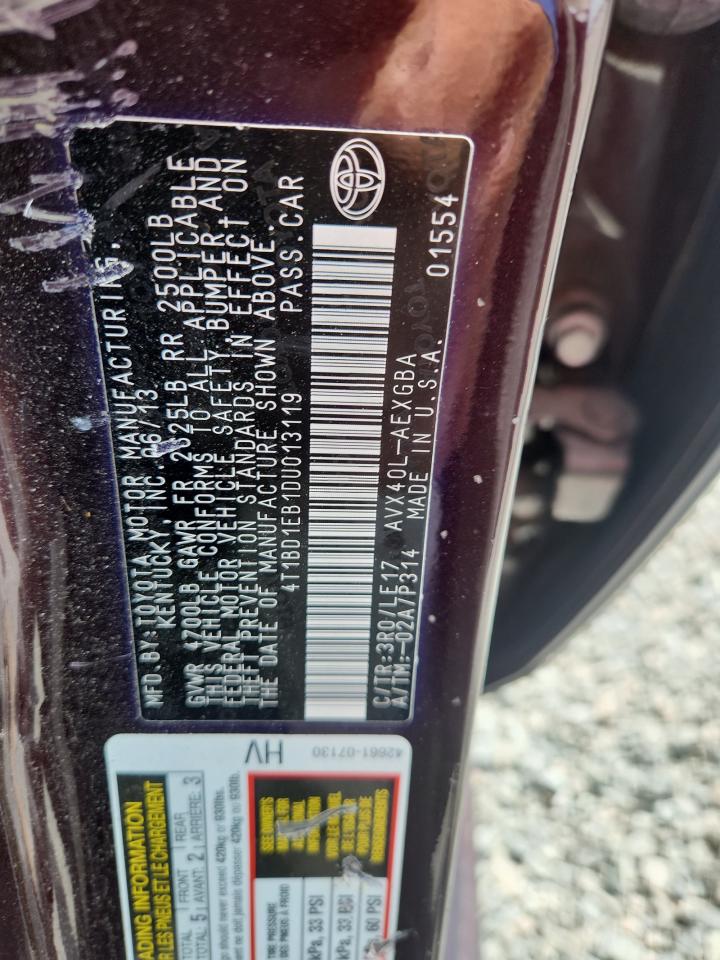2013 Toyota Avalon Hybrid Xle Touring Burgundy vin: 4T1BD1EB1DU013119