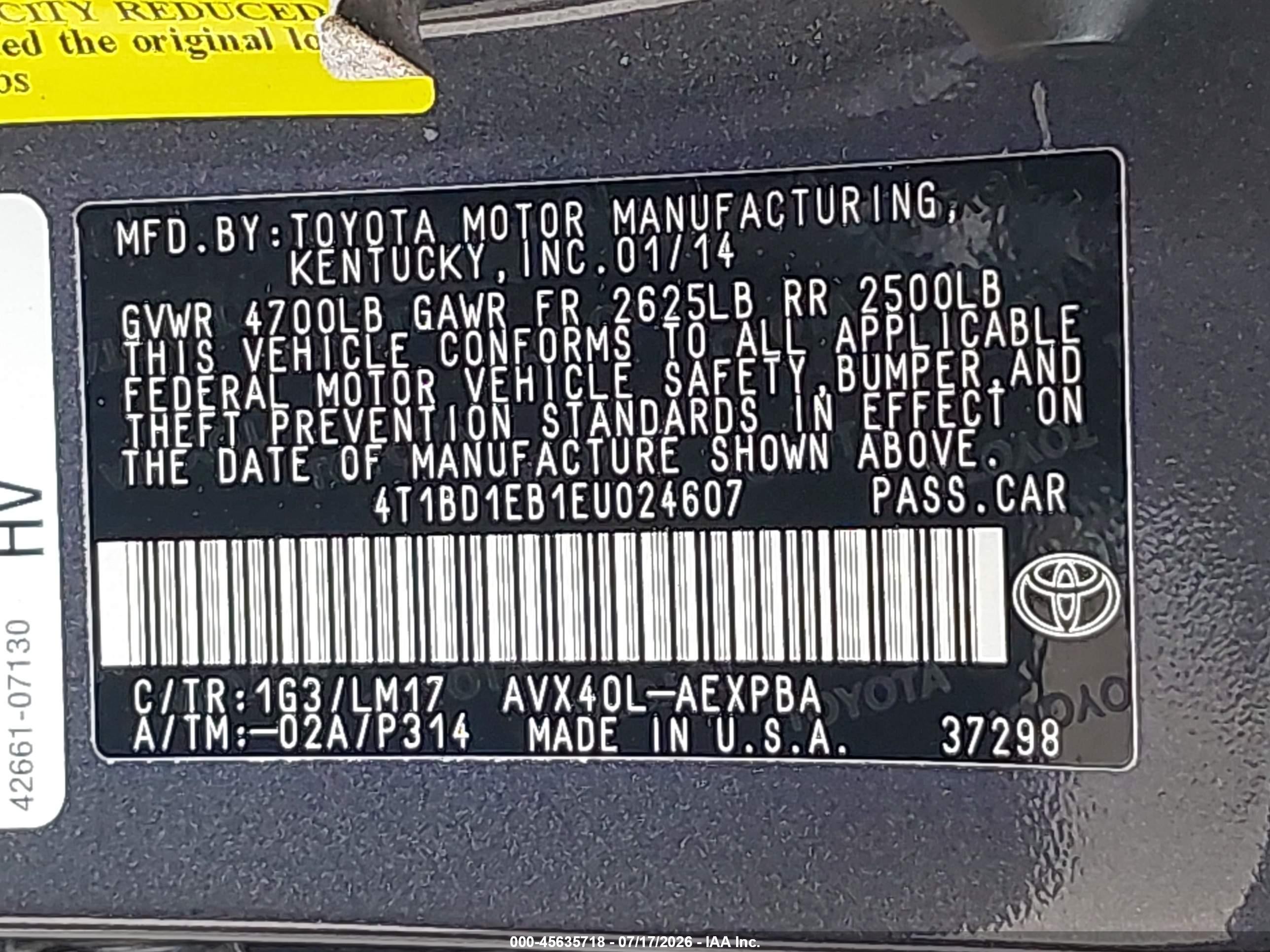 2014 Toyota Avalon Hybrid Limited Серый vin: 4T1BD1EB1EU024607