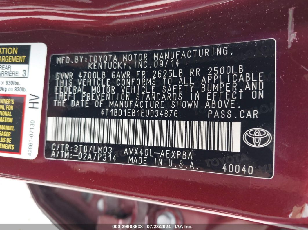 2014 Toyota Avalon Hybrid Limited Maroon vin: 4T1BD1EB1EU034876