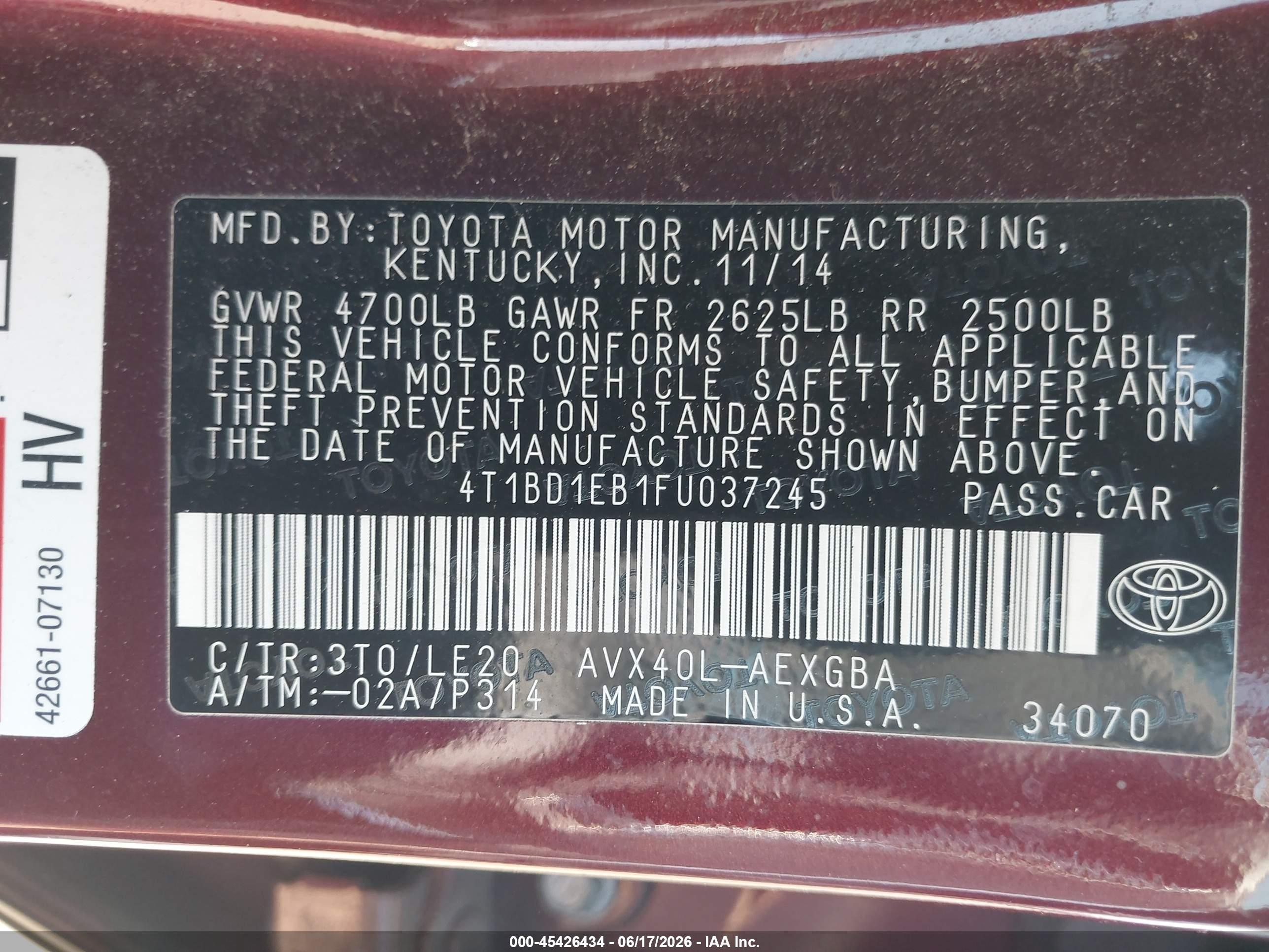 2015 Toyota Avalon Hybrid Xle Touring Burgundy vin: 4T1BD1EB1FU037245