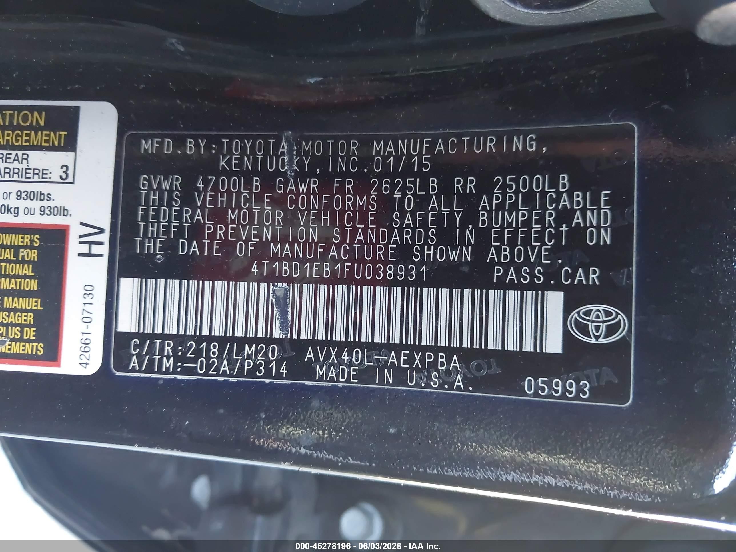 2015 Toyota Avalon Hybrid/prem/tour/ltd Black vin: 4T1BD1EB1FU038931