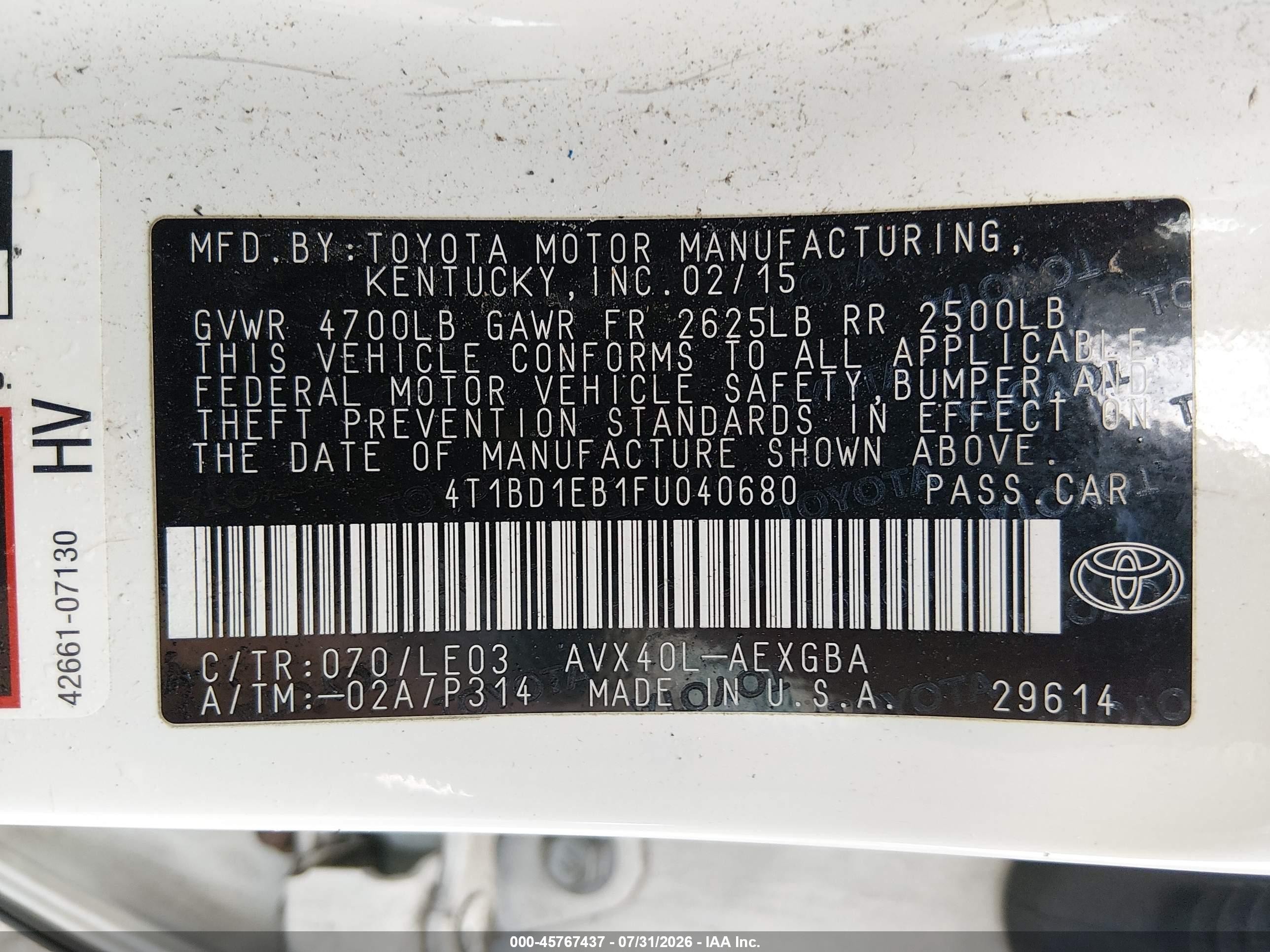 2015 Toyota Avalon Hybrid Xle Touring Белый vin: 4T1BD1EB1FU040680