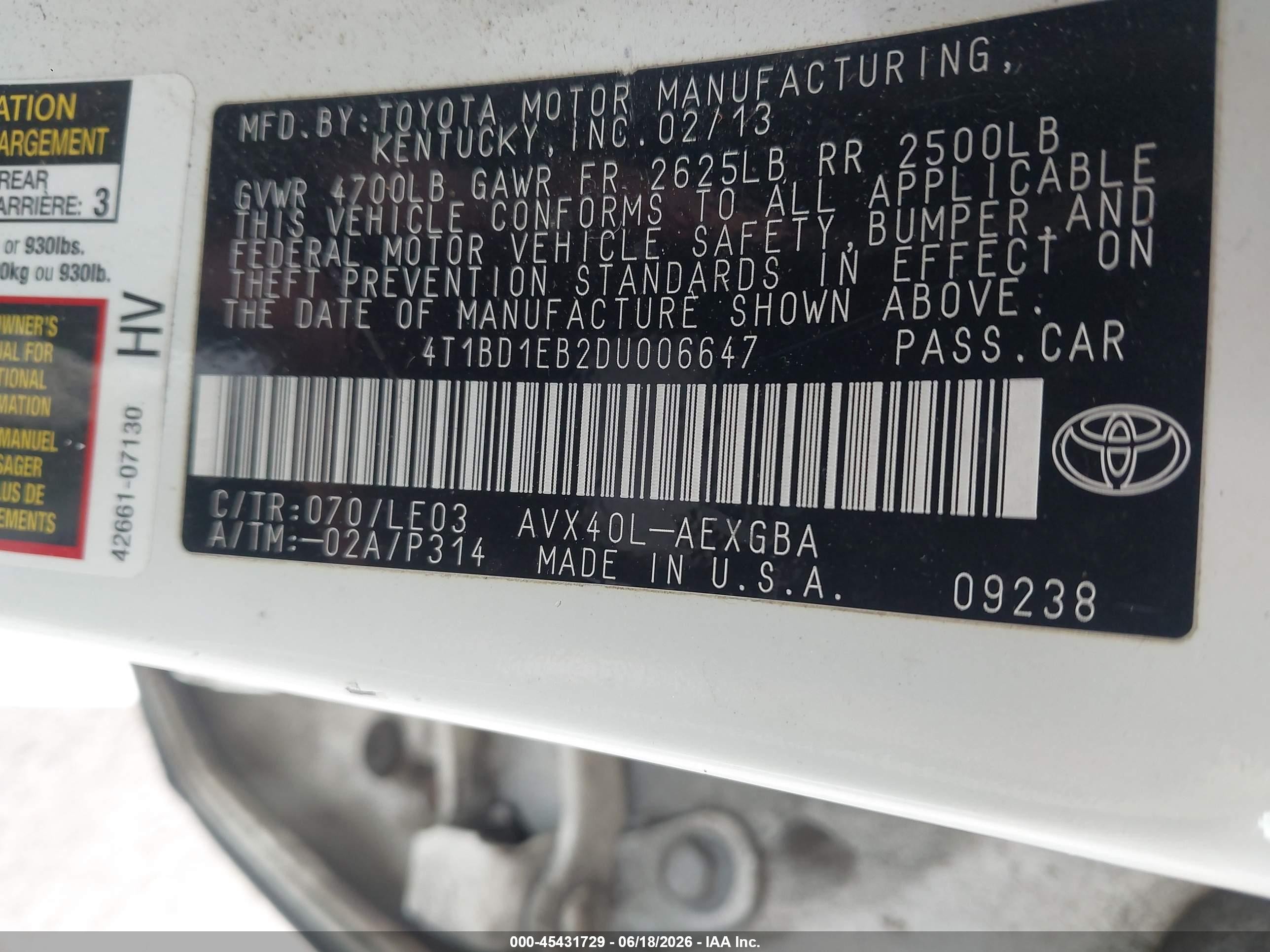 2013 Toyota Avalon Hybrid Xle Touring White vin: 4T1BD1EB2DU006647