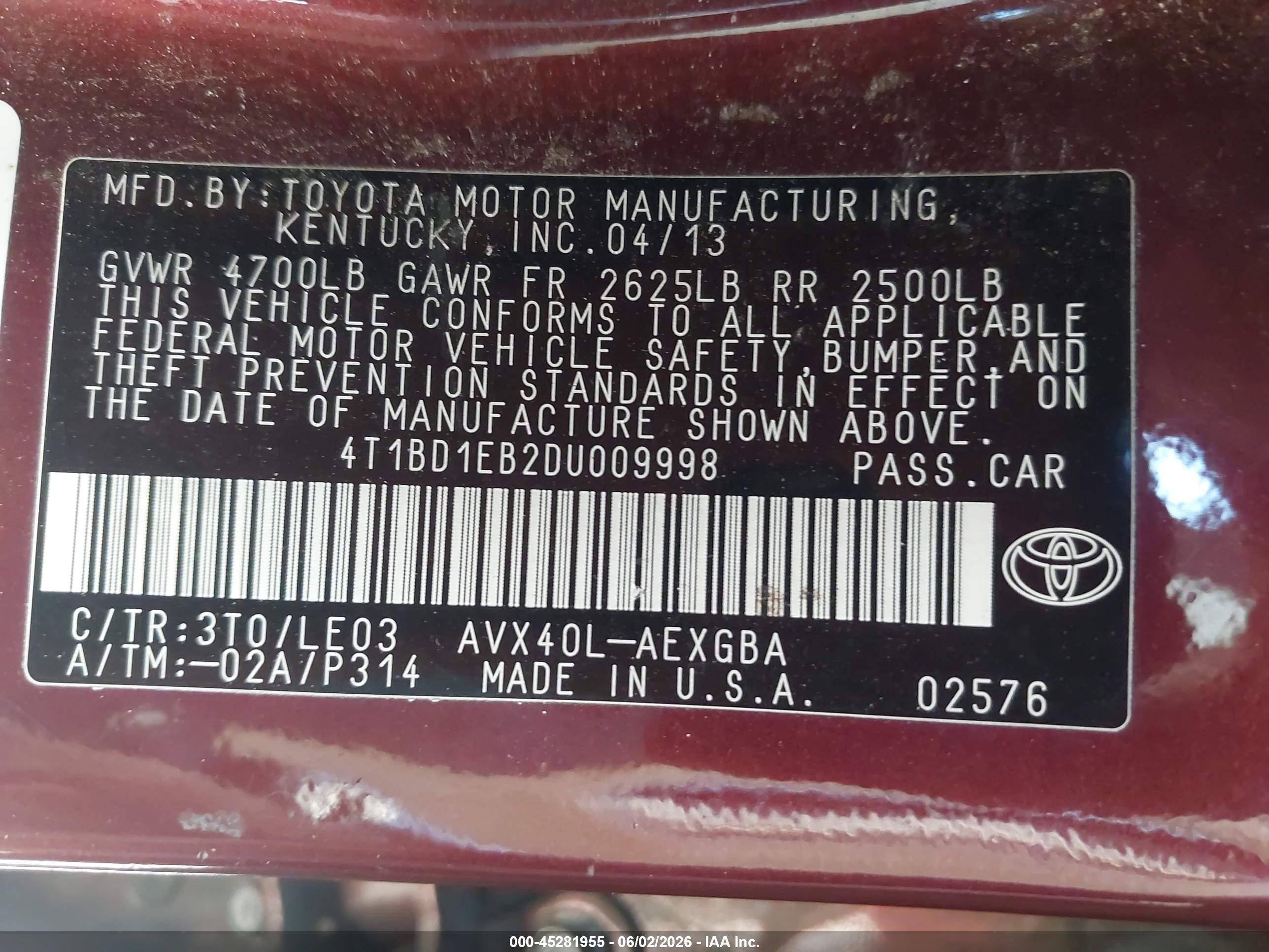 2013 Toyota Avalon Hybrid Xle Touring Maroon vin: 4T1BD1EB2DU009998