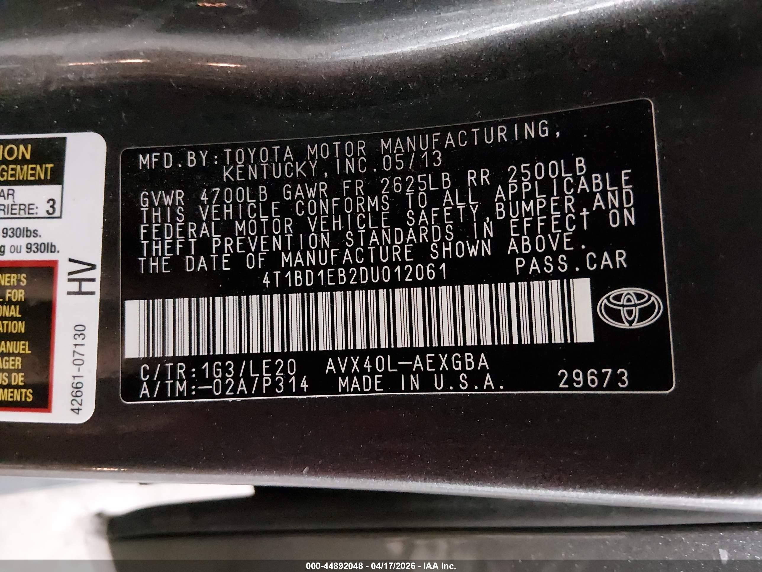 2013 Toyota Avalon Hybrid Xle Touring Gray vin: 4T1BD1EB2DU012061