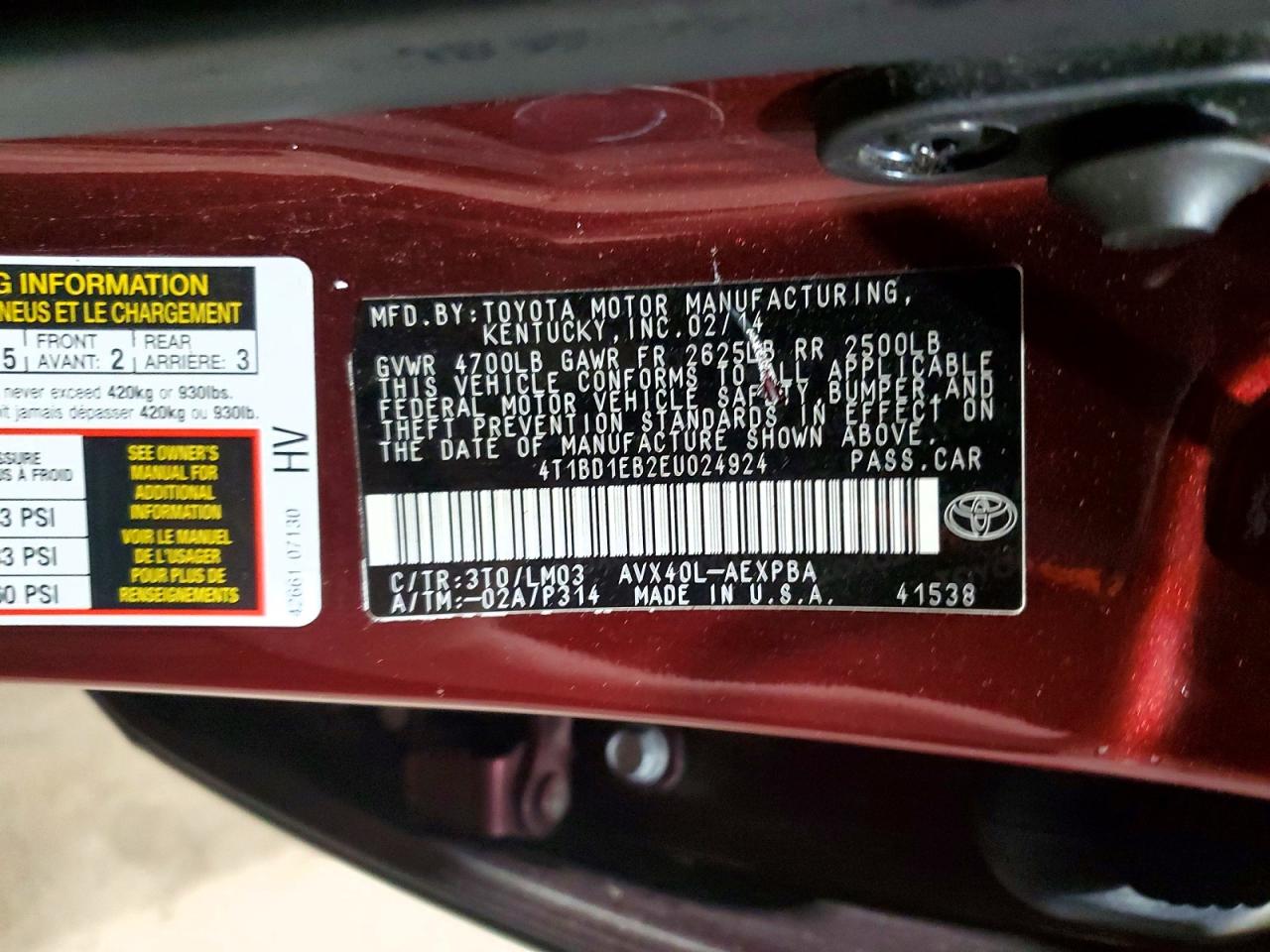 2014 Toyota Avalon Hybrid Limited Burgundy vin: 4T1BD1EB2EU024924