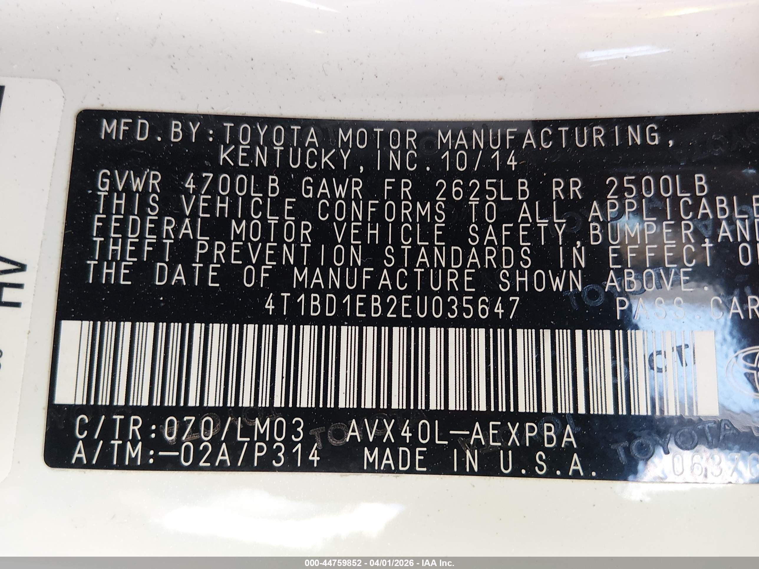 2014 Toyota Avalon Hybrid Limited White vin: 4T1BD1EB2EU035647