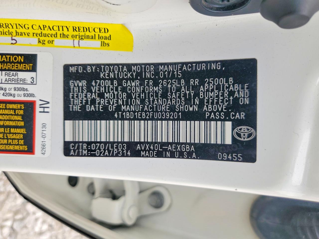 2015 Toyota Avalon Hybrid Xle Touring White vin: 4T1BD1EB2FU039201