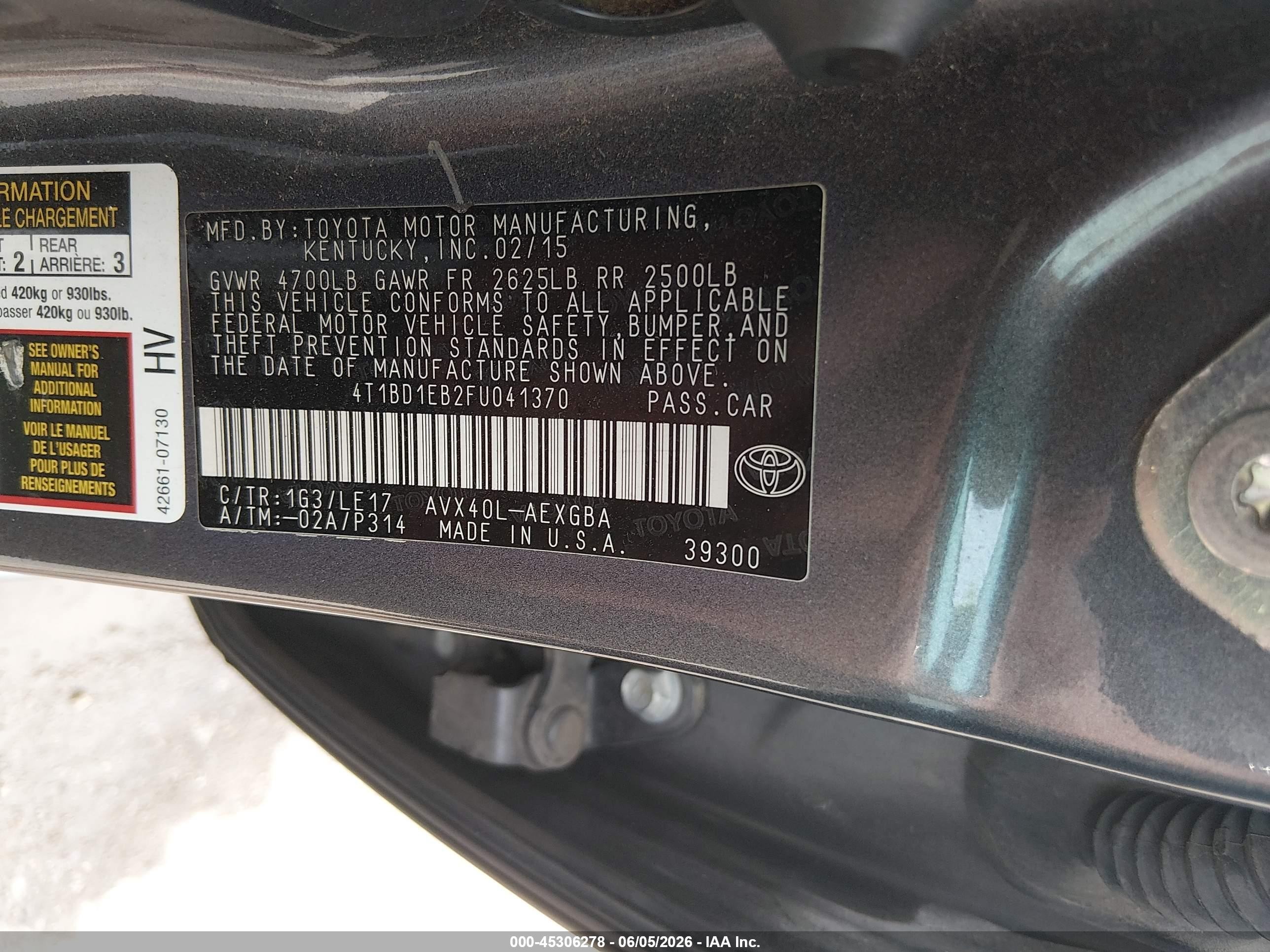 2015 Toyota Avalon Hybrid Xle Touring Gray vin: 4T1BD1EB2FU041370