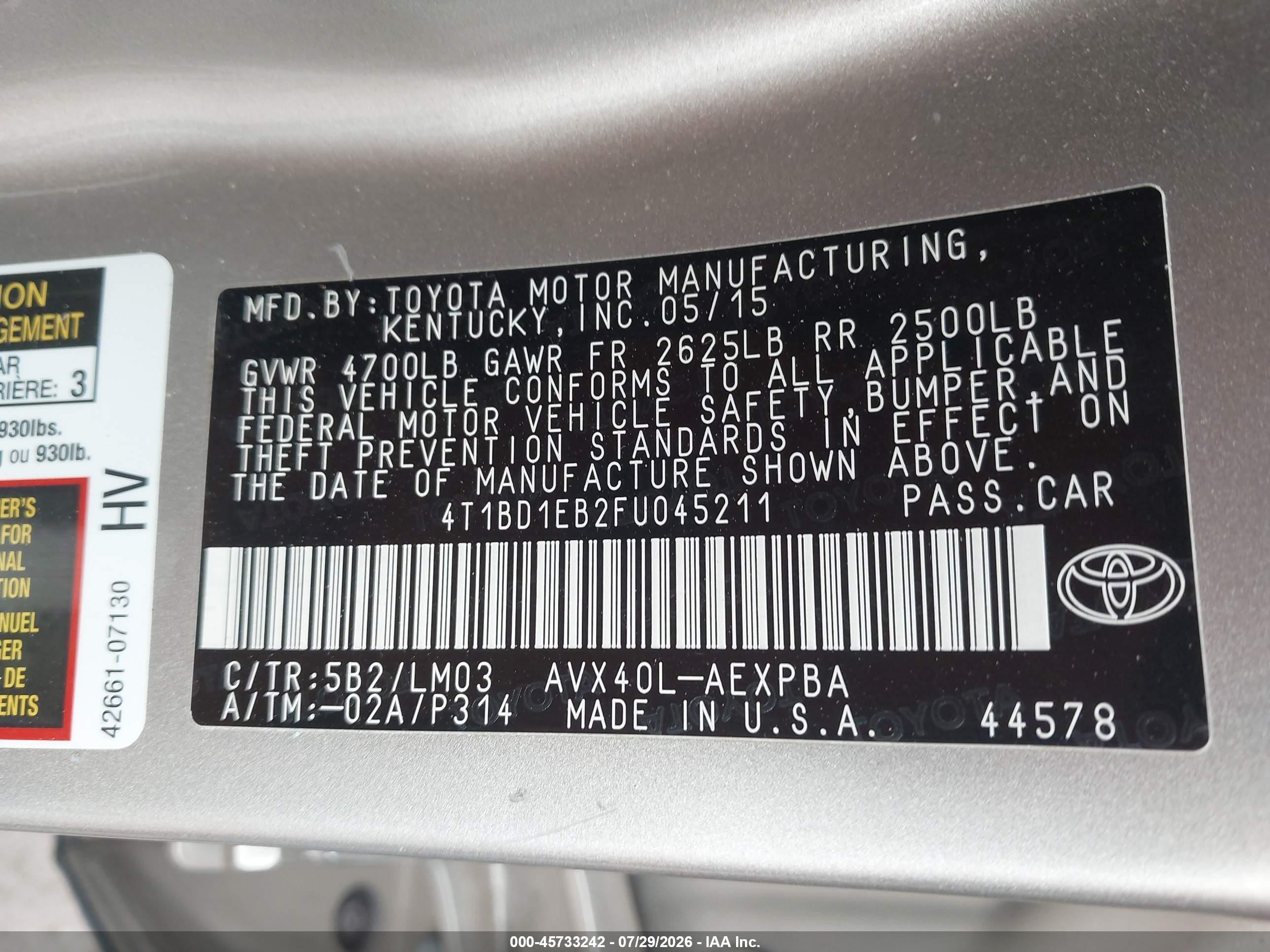 2015 Toyota Avalon Hybrid Limited Champagne vin: 4T1BD1EB2FU045211