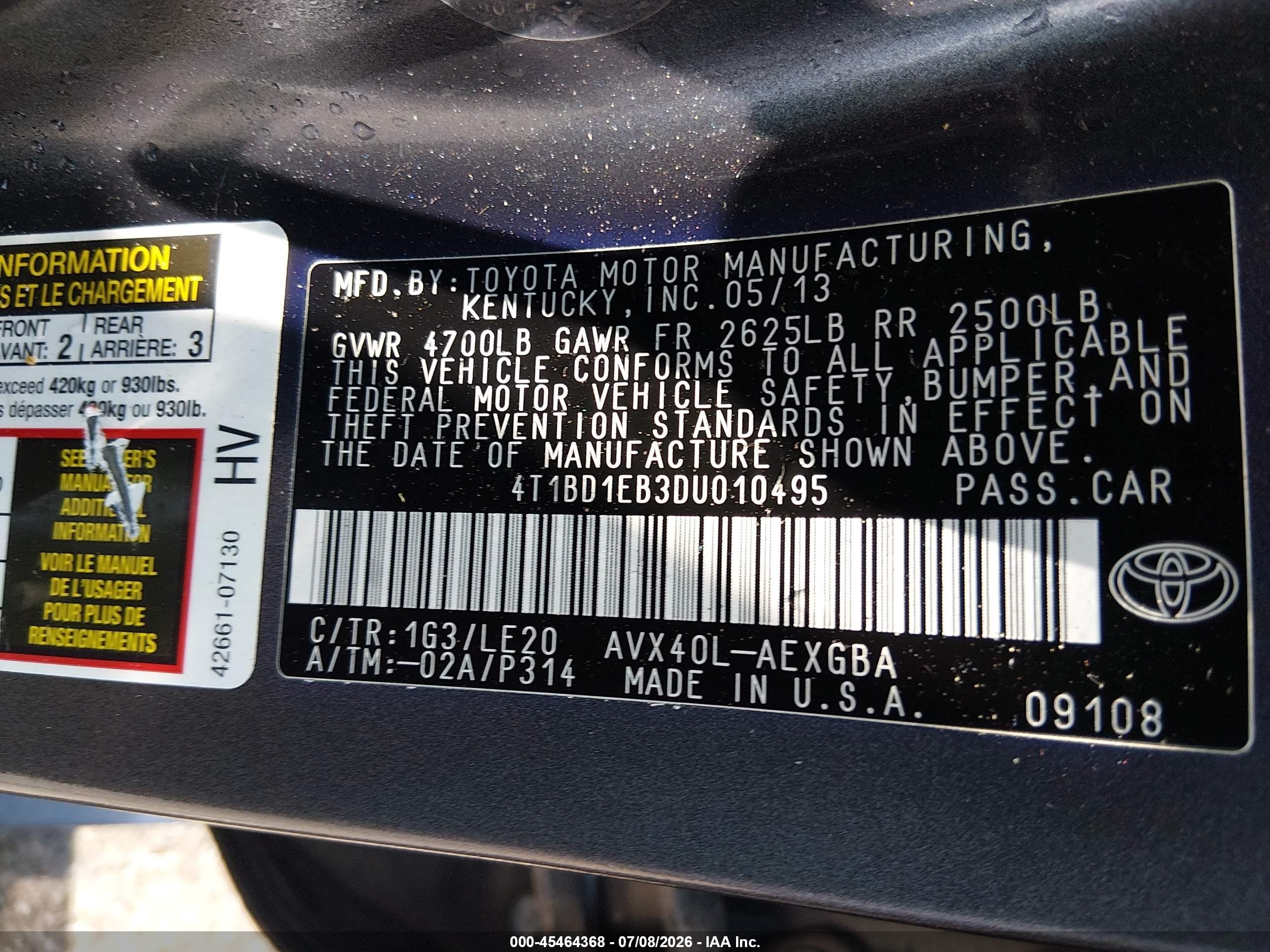 2013 Toyota Avalon Hybrid Xle Touring Gray vin: 4T1BD1EB3DU010495