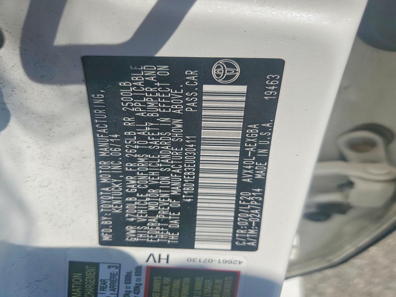 2014 Toyota Avalon Hybrid Xle Premium White vin: 4T1BD1EB3EU030411