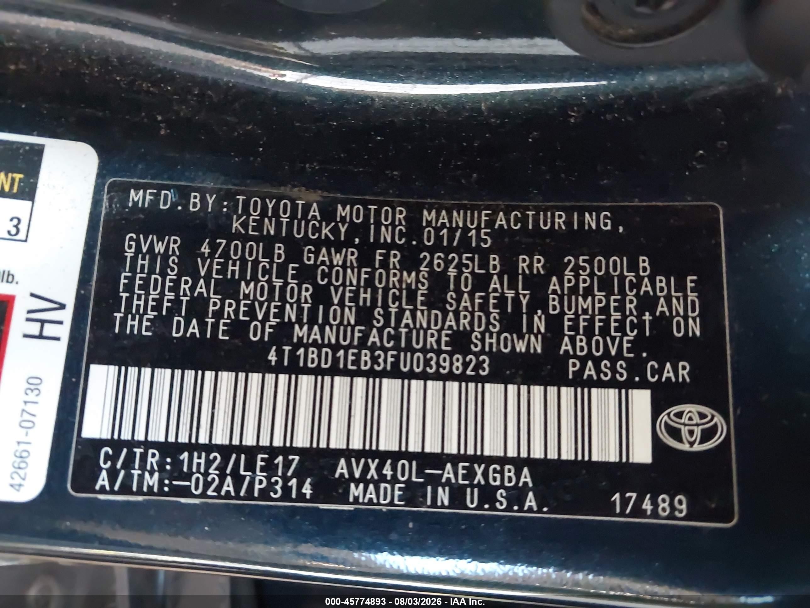 2015 Toyota Avalon Hybrid Xle Touring Dark Blue vin: 4T1BD1EB3FU039823