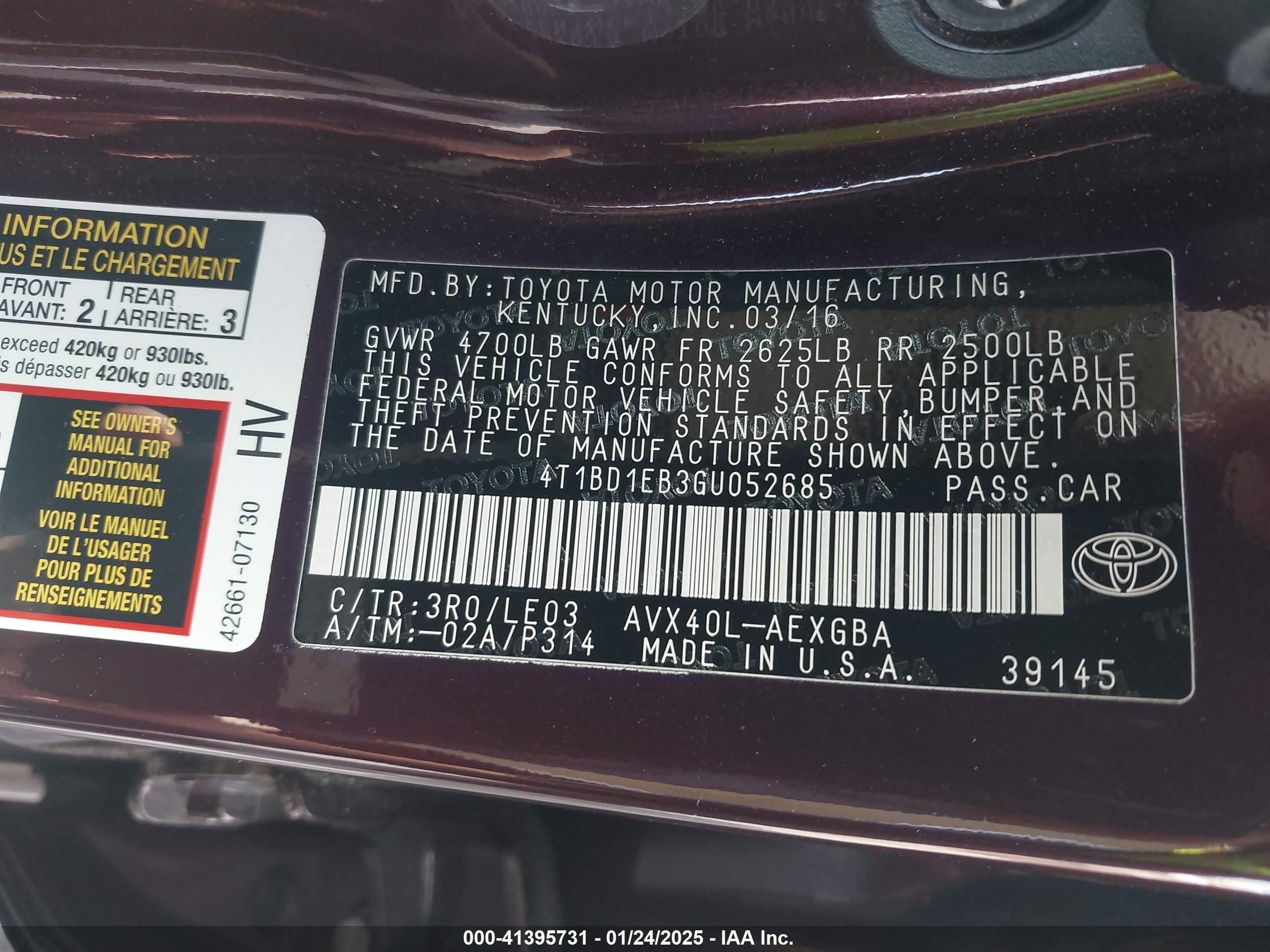2016 Toyota Avalon Hybrid Xle Premium Burgundy vin: 4T1BD1EB3GU052685