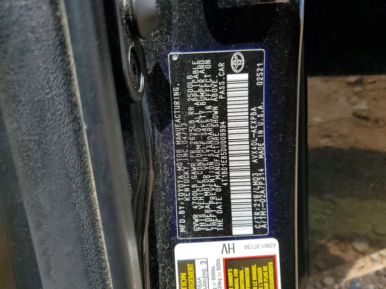 2013 Toyota Avalon Hybrid Limited Black vin: 4T1BD1EB5DU009994