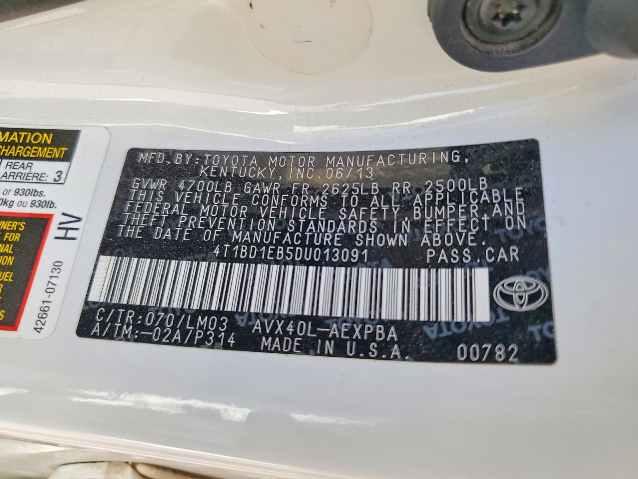 2013 Toyota Avalon Hybrid Limited White vin: 4T1BD1EB5DU013091
