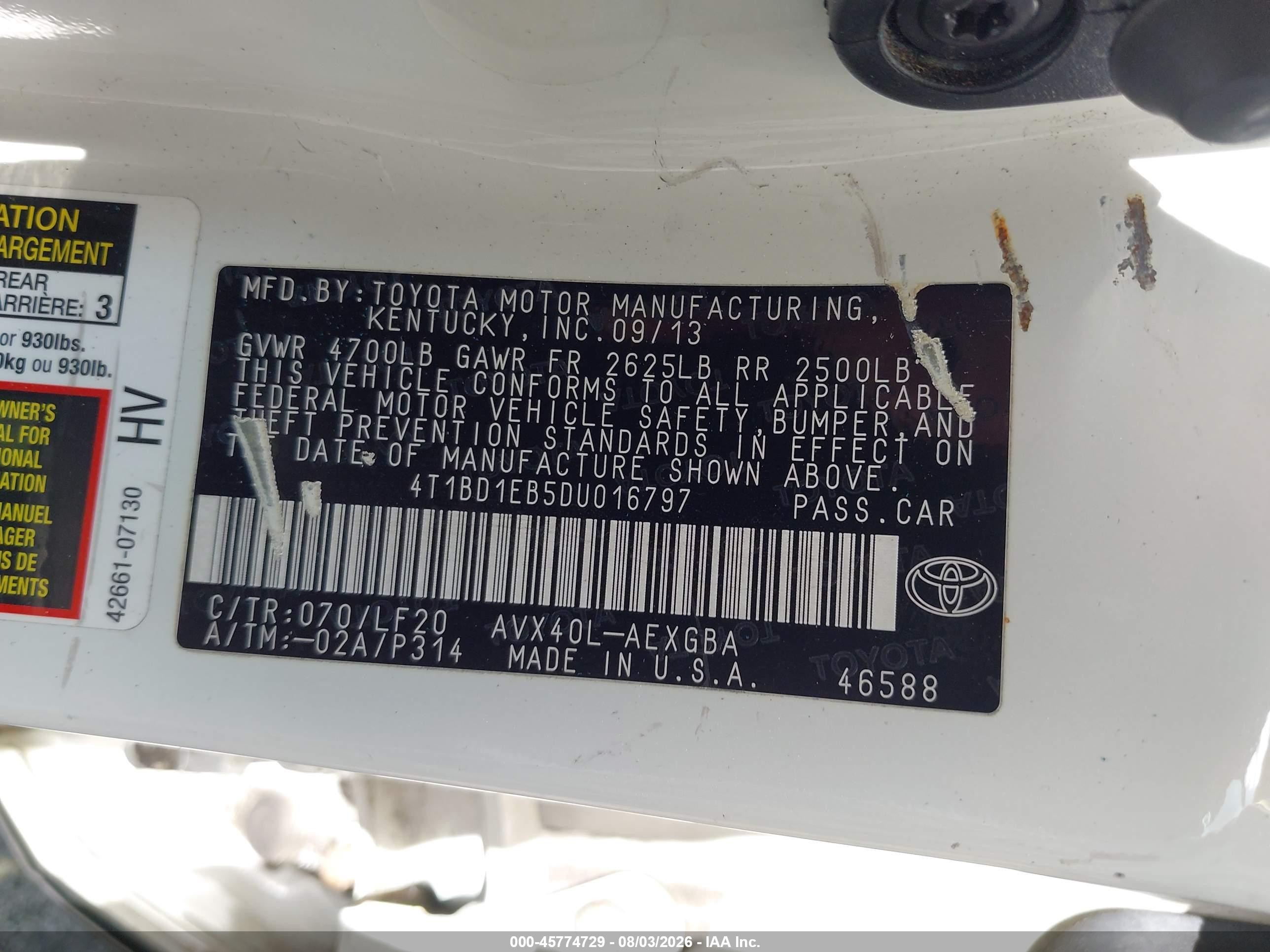 2013 Toyota Avalon Hybrid Xle Premium White vin: 4T1BD1EB5DU016797
