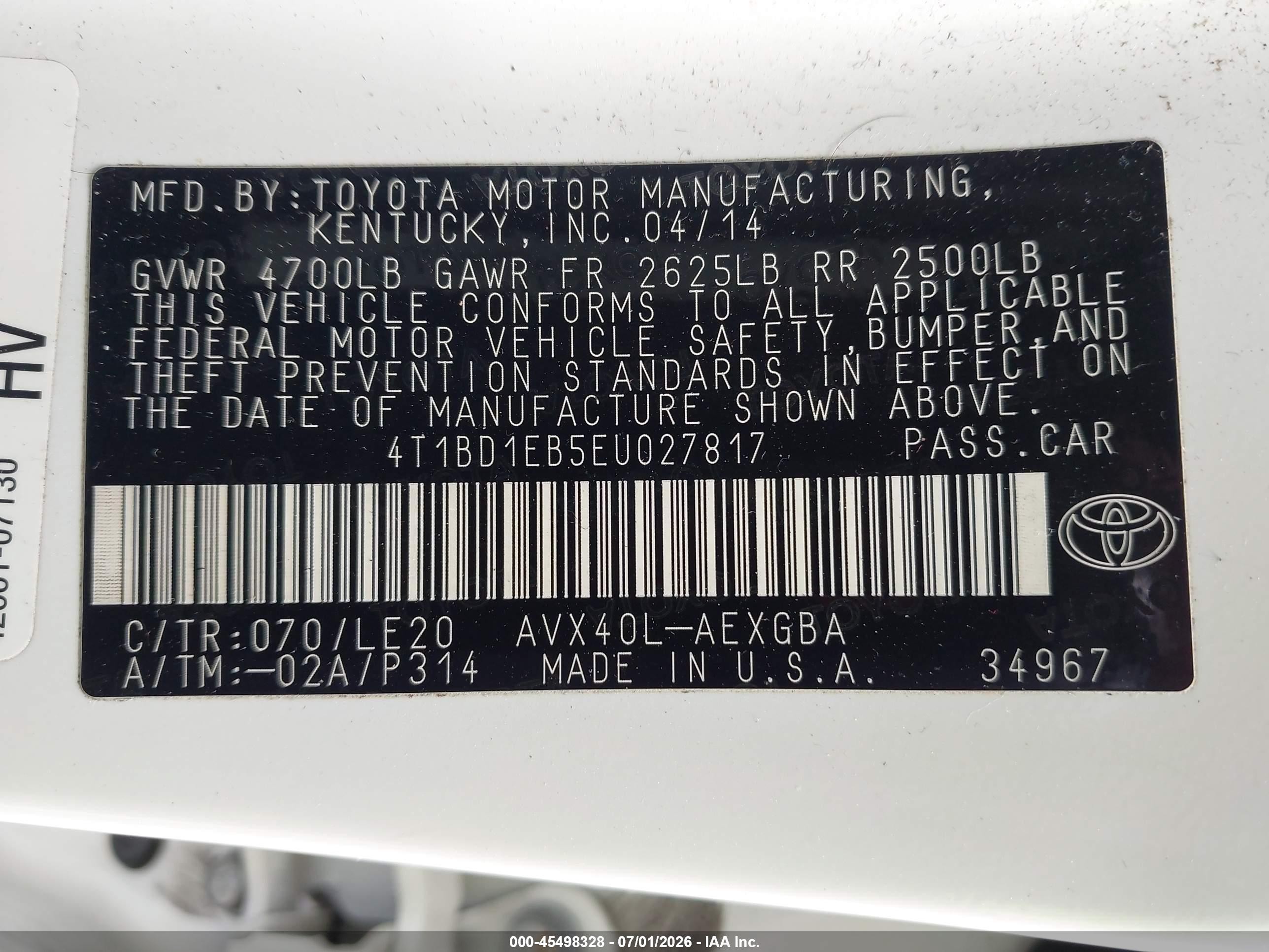 2014 Toyota Avalon Hybrid Xle Touring White vin: 4T1BD1EB5EU027817
