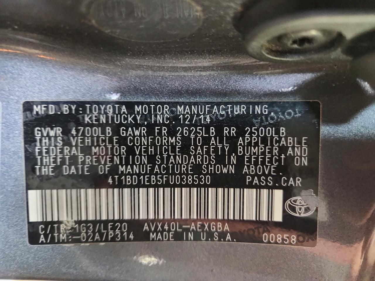 2015 Toyota Avalon Hybrid Xle Touring Gray vin: 4T1BD1EB5FU038530