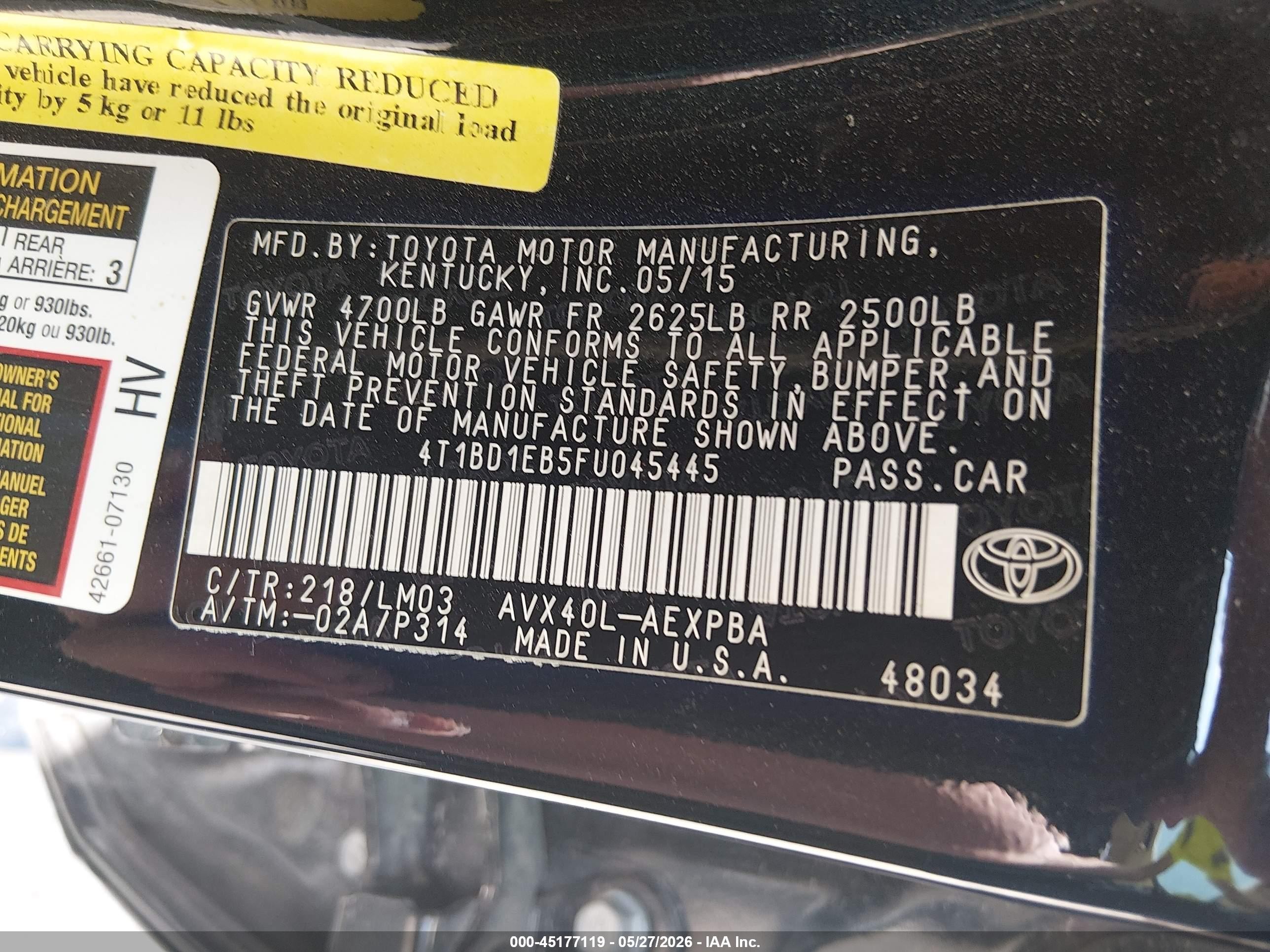 2015 Toyota Avalon Hybrid Limited Black vin: 4T1BD1EB5FU045445