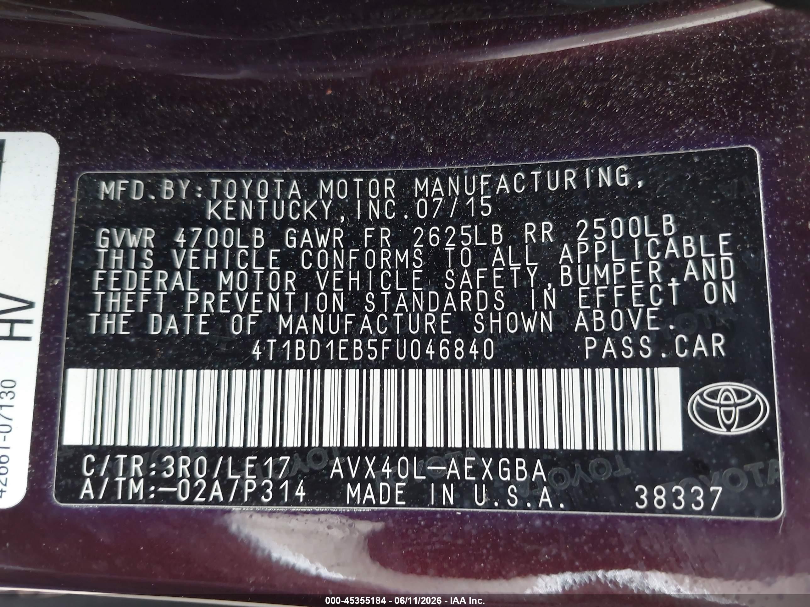 2015 Toyota Avalon Hybrid Xle Touring Purple vin: 4T1BD1EB5FU046840