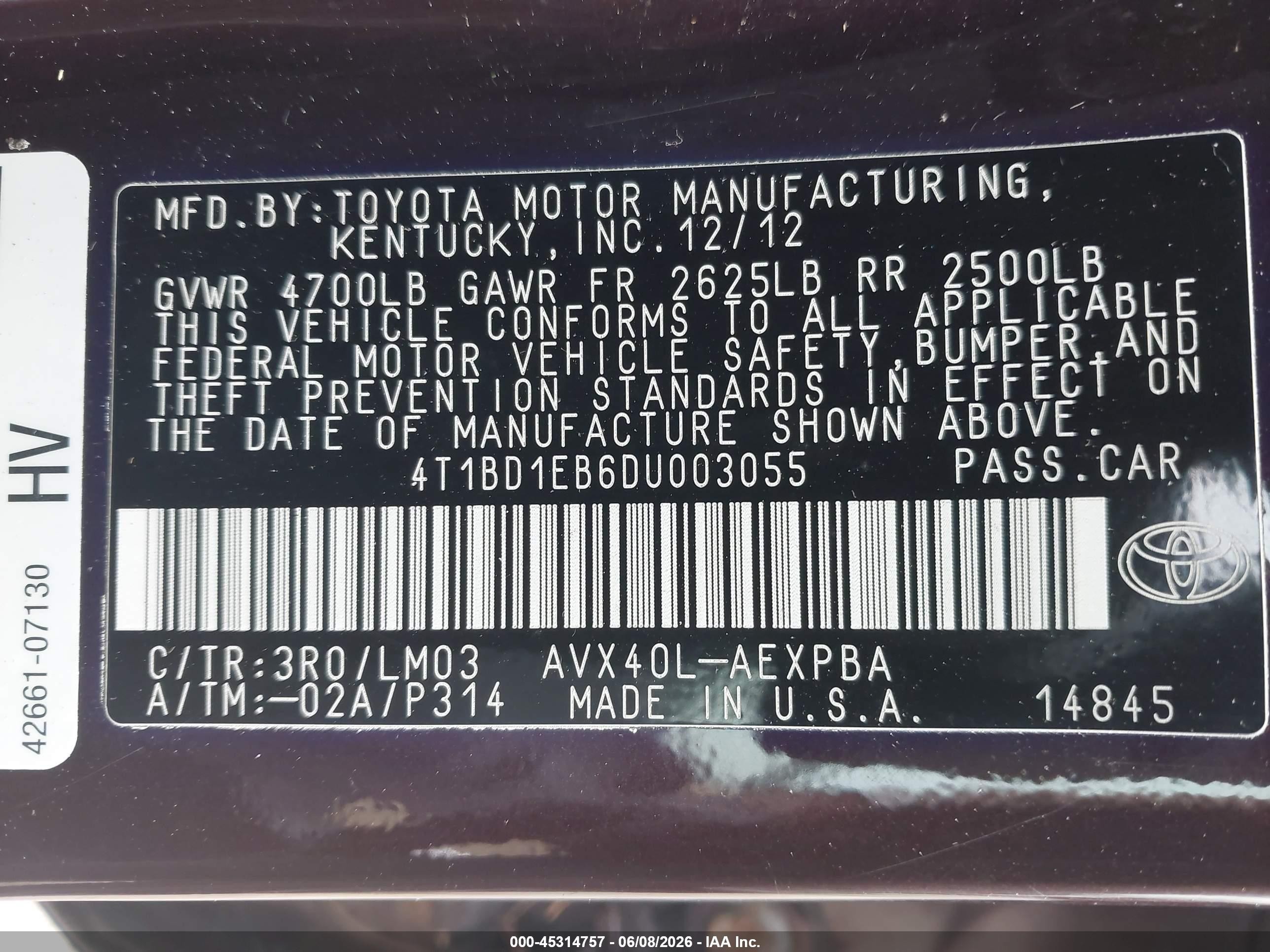 2013 Toyota Avalon Hybrid Limited Purple vin: 4T1BD1EB6DU003055