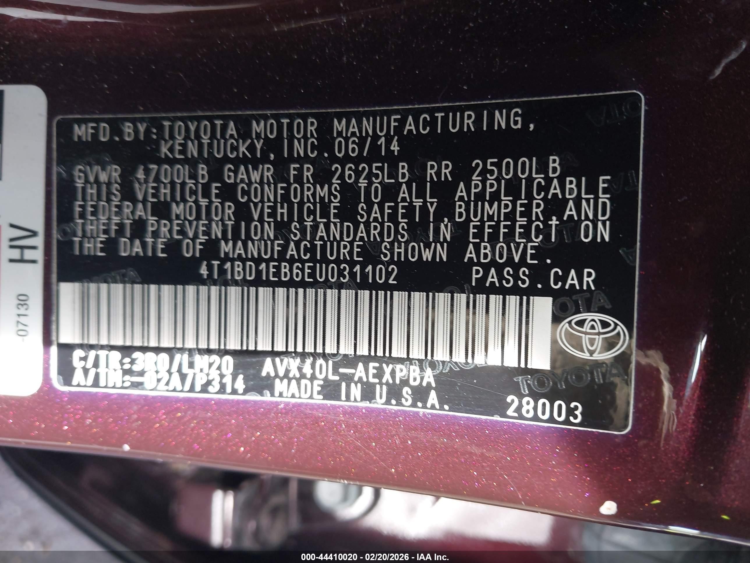 2014 Toyota Avalon Hybrid Limited Burgundy vin: 4T1BD1EB6EU031102