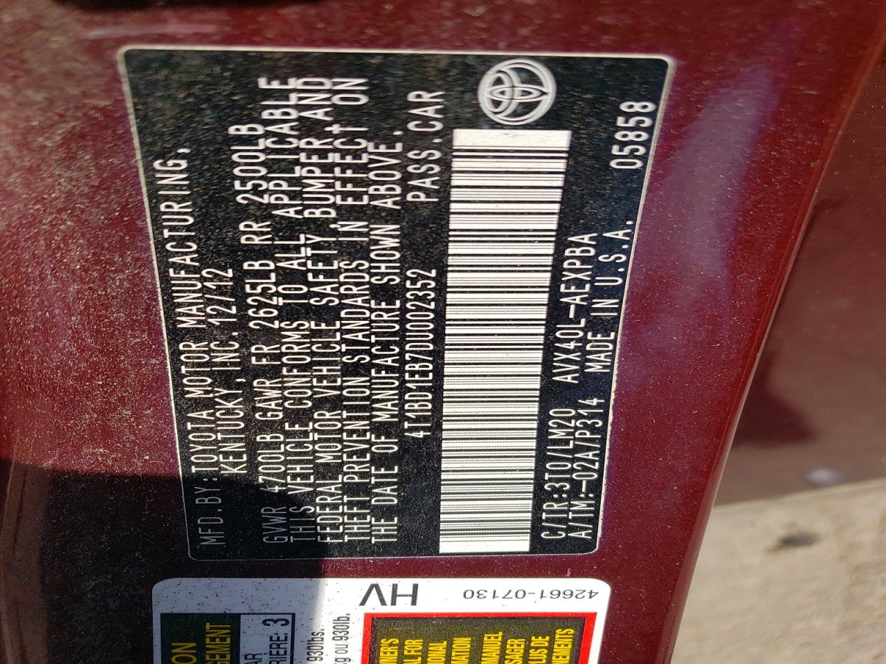 2013 Toyota Avalon Hybrid Limited Burgundy vin: 4T1BD1EB7DU002352