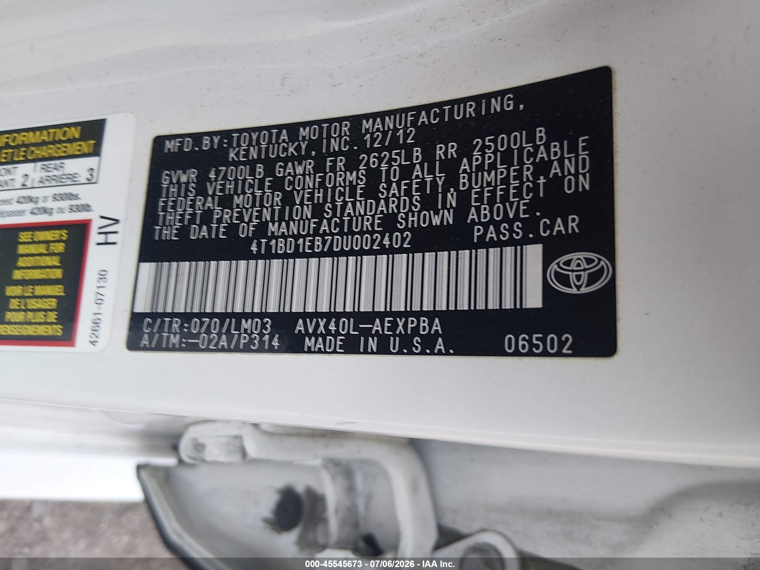 2013 Toyota Avalon Hybrid Limited White vin: 4T1BD1EB7DU002402