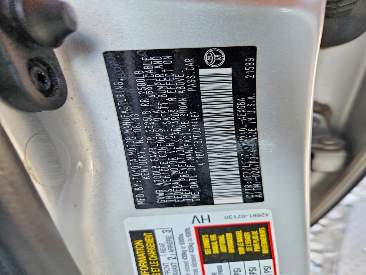 2013 Toyota Avalon Hybrid Xle Touring Silver vin: 4T1BD1EB7DU014467