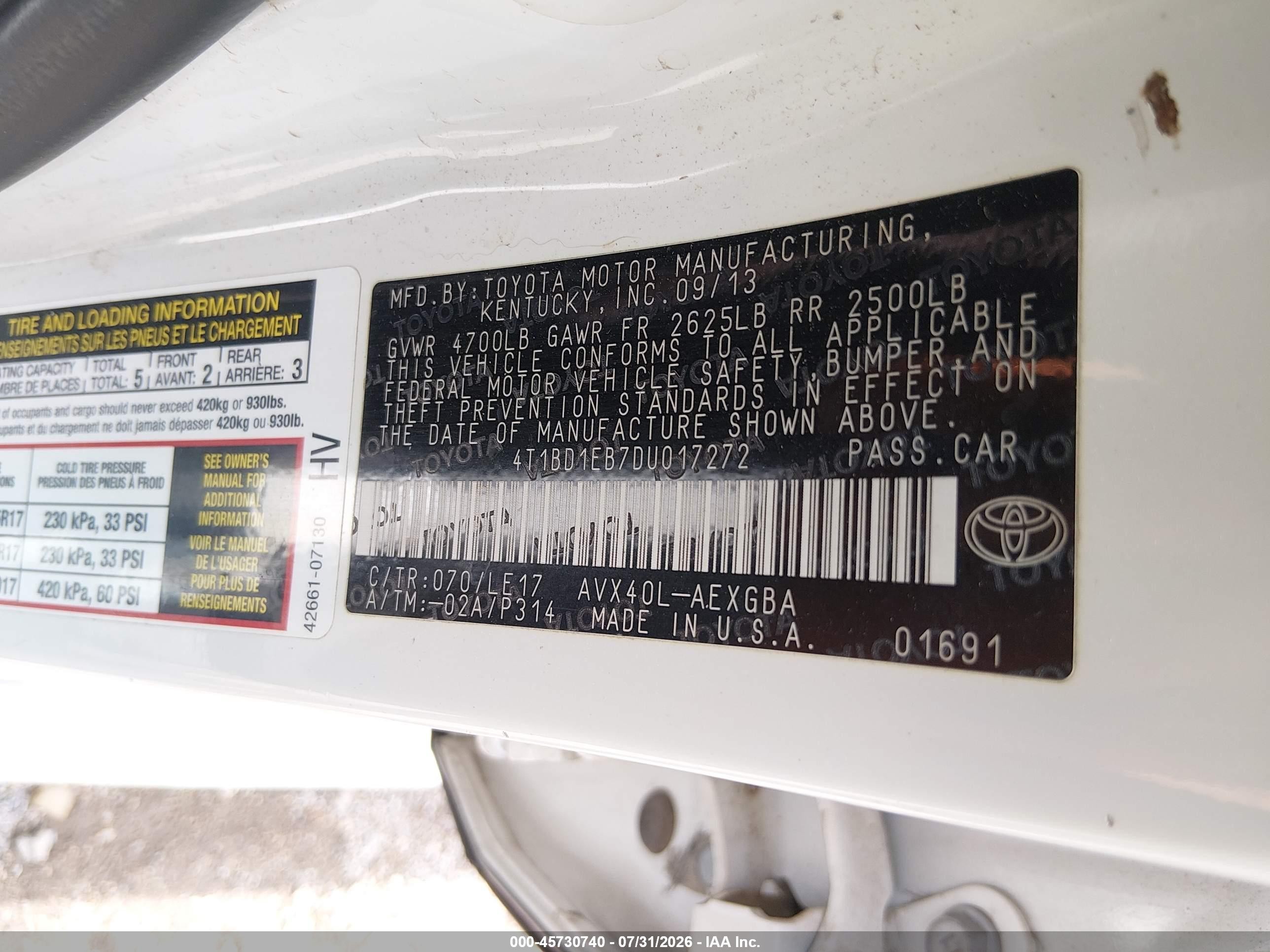 2013 Toyota Avalon Hybrid Xle Touring White vin: 4T1BD1EB7DU017272