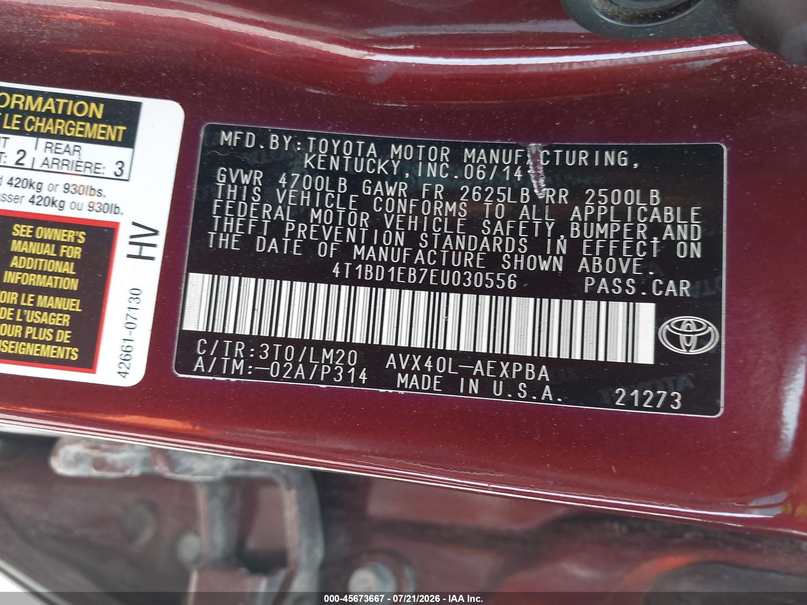 2014 Toyota Avalon Hybrid Limited Burgundy vin: 4T1BD1EB7EU030556