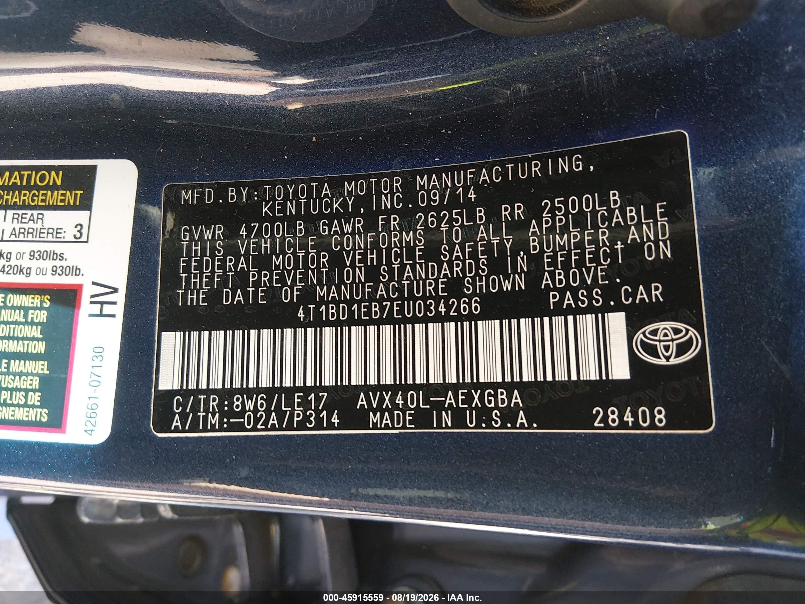 2014 Toyota Avalon Hybrid Xle Touring Dark Blue vin: 4T1BD1EB7EU034266