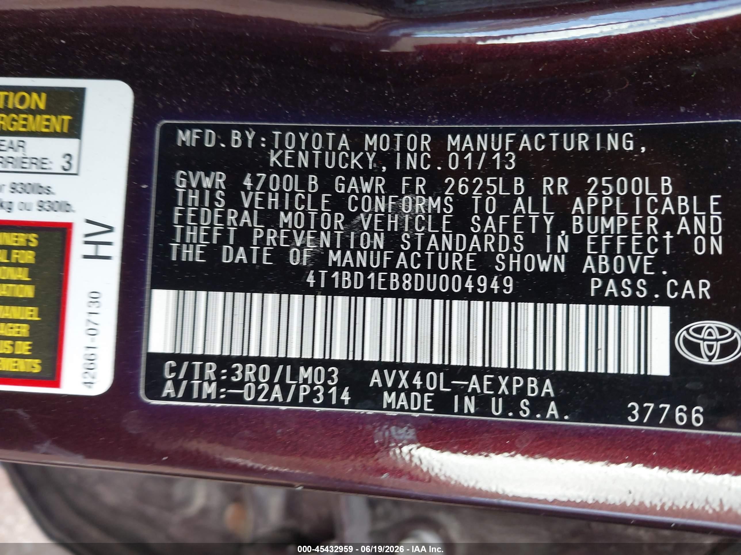 2013 Toyota Avalon Hybrid Limited Maroon vin: 4T1BD1EB8DU004949