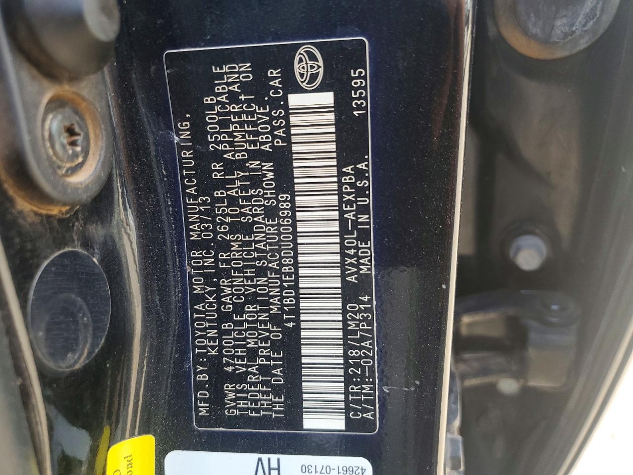 2013 Toyota Avalon Hybrid Limited Black vin: 4T1BD1EB8DU006989