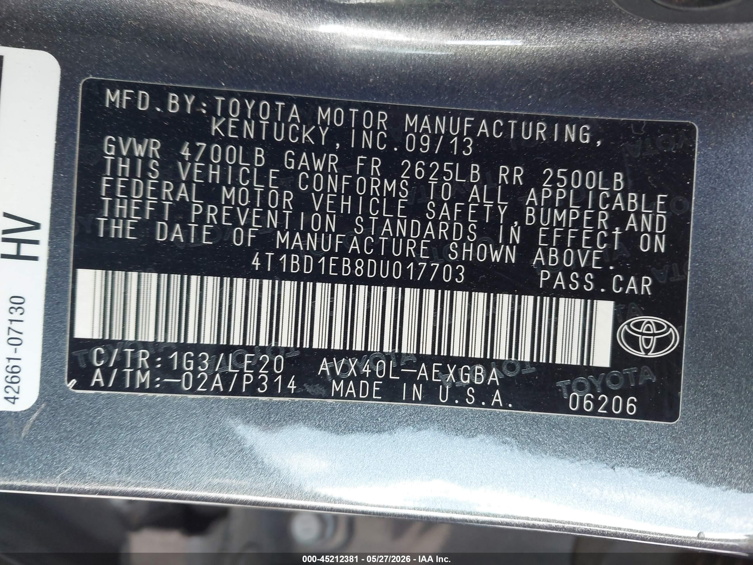 2013 Toyota Avalon Hybrid Xle Touring Gray vin: 4T1BD1EB8DU017703
